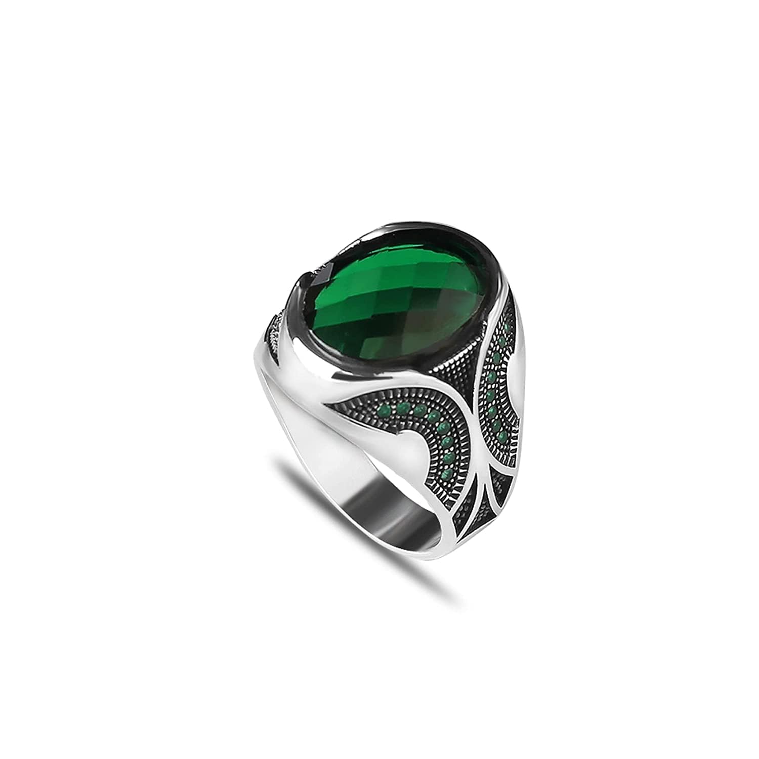 925 Sterling Silver Men's Ring with Natural Emerald Gemstone - Handmade Engraved Minimalist Silver Jewelry - Perfect Gift for Him - Anniversary, Wedding, Birthday & Everyday Wear (Size 15)