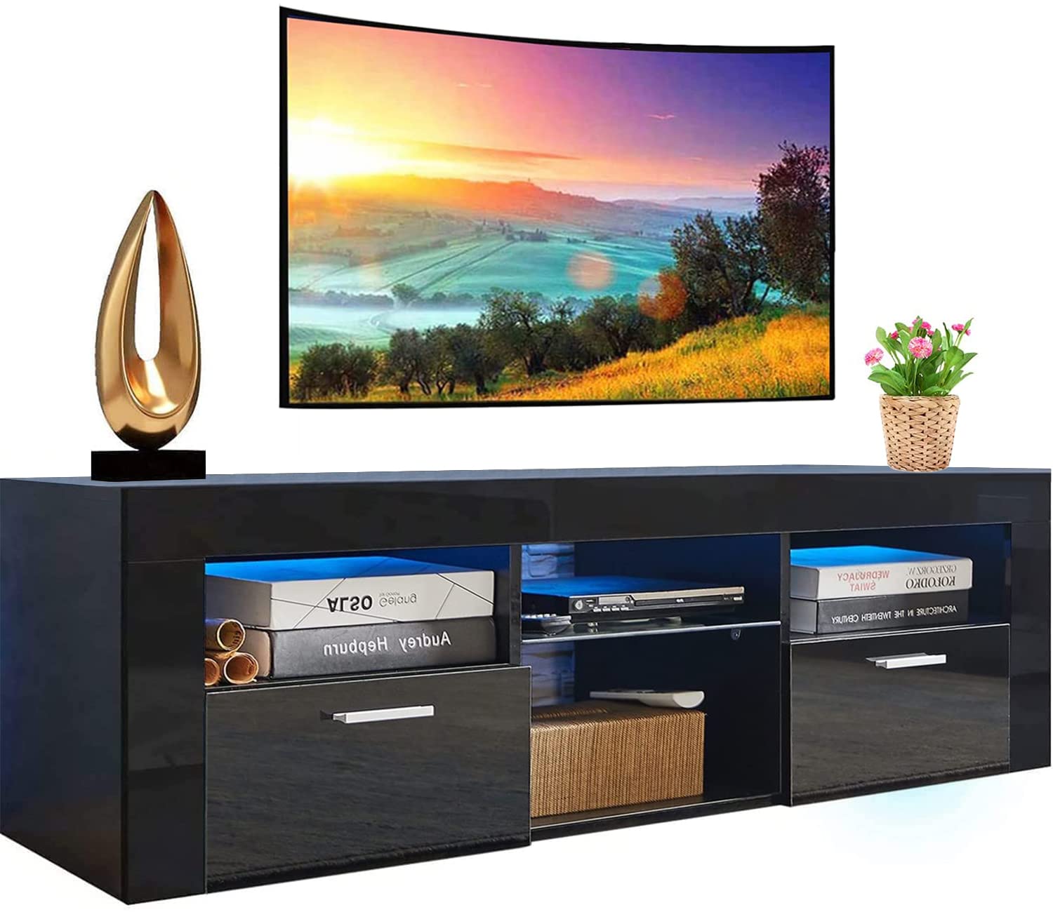 Modern Black LED TV Stand for 60-70 Inch TVs with Storage Drawers & Ambient Lighting - Entertainment Center Media Console for Living Room, Gaming & Movie Nights