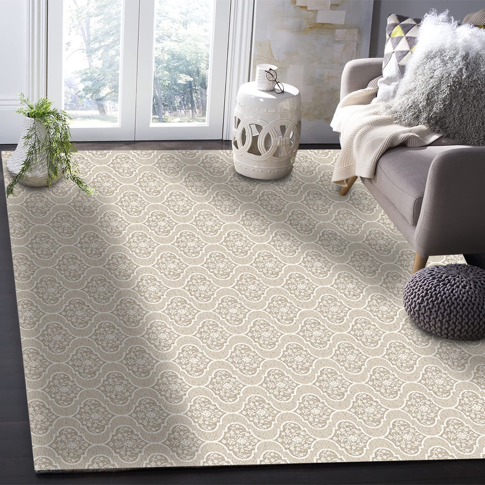 4'x6' Non-Shedding Boho Moroccan Tile Print Area Rug - Brown Abstract Lattice Design for Living Room, Bedroom, Kitchen & Bathroom Decor | Indoor Outdoor Home Carpet Runner