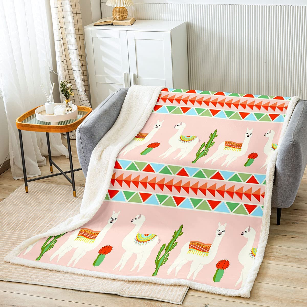 Soft Llama Fleece Sherpa Blanket for Kids & Adults - Cozy Boho Alpaca Throw Blanket with Cactus Geometric Design, Warm Fuzzy Flannel Blanket for Bedroom, Living Room, Twin Size 60
