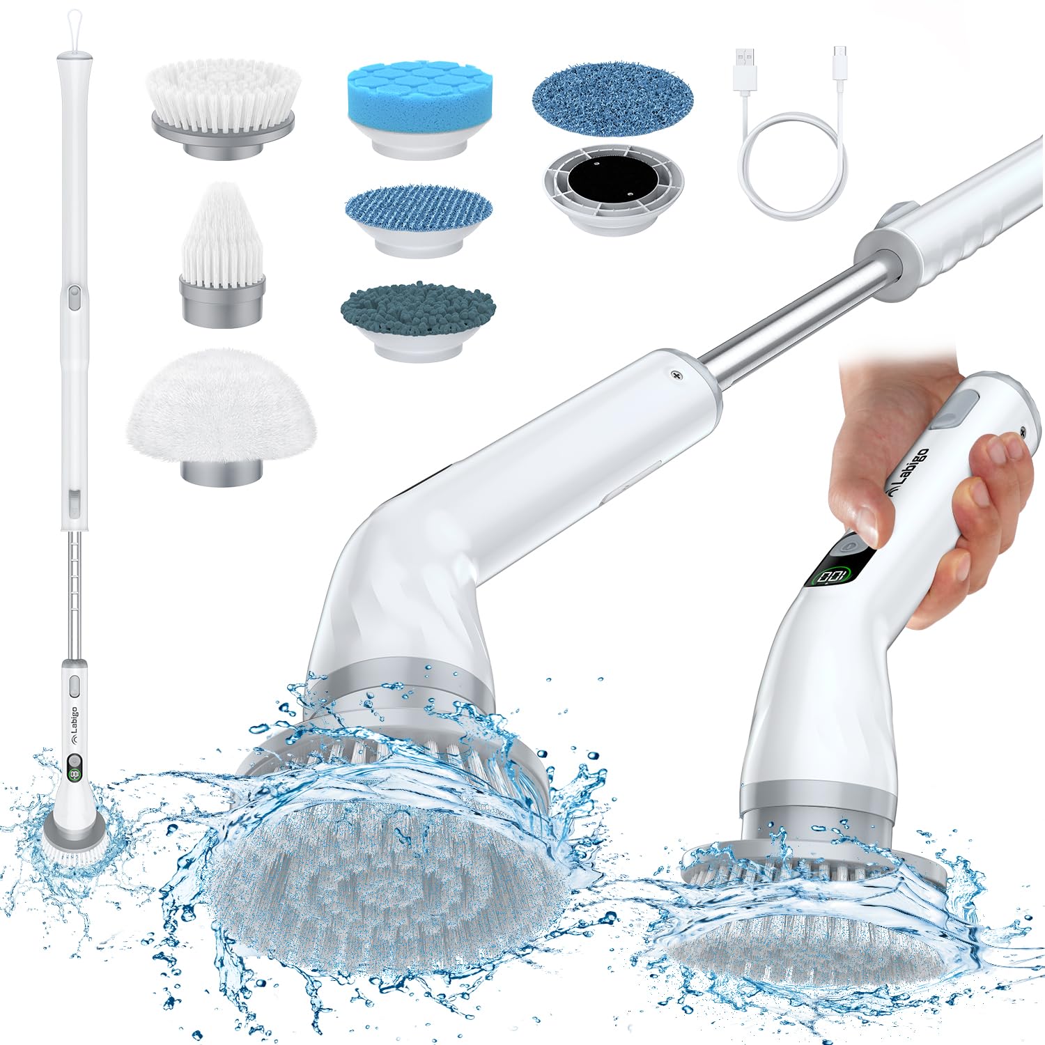 LABIGO Electric Cleaning Brush with 6 Brush Heads - Power Scrubber for Bathroom, Kitchen, Tiles, Floors & Car Cleaning - Extendable Arm Household Cleaning Tool (White) | Perfect for Deep Cleaning Grout, Shower Tiles & Stubborn Stains