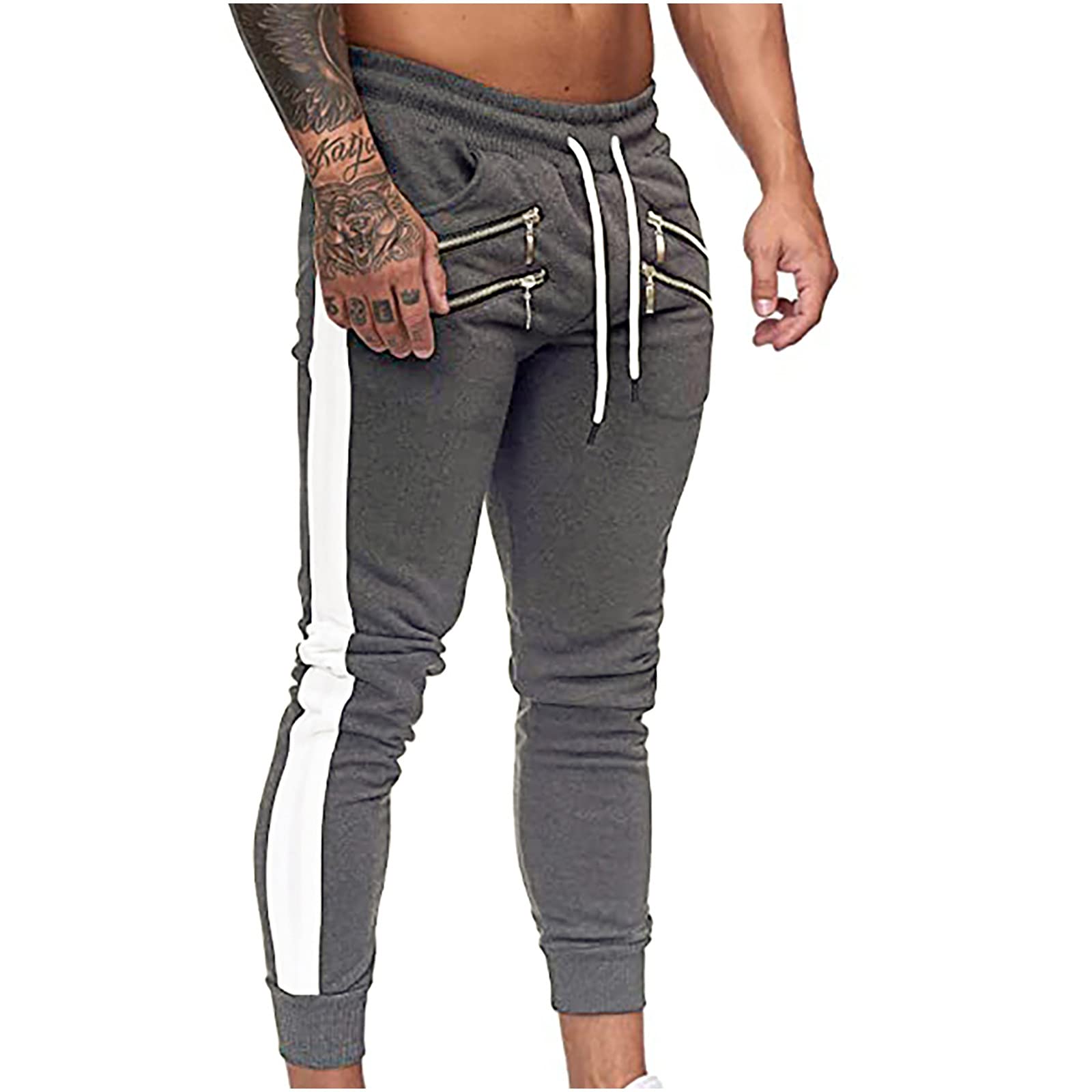 Stylish Men's Casual Pants with Zipper Placket, Foot Belt Decoration & Functional Pockets - Trendy Striped Design for Everyday Wear, Office, and Outdoor Activities