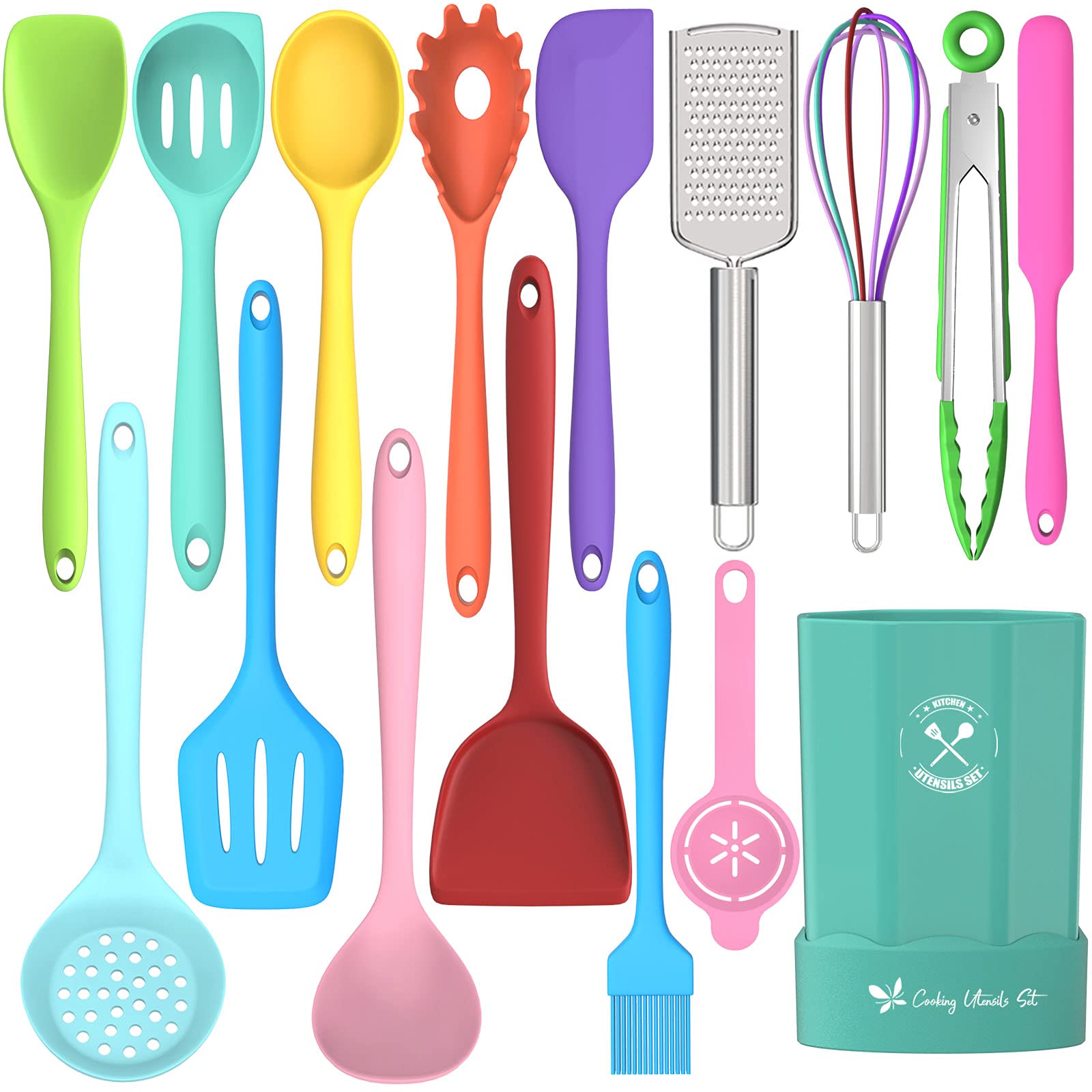 16-Piece Silicone Kitchen Utensils Set - Heat Resistant Nonstick Cooking Tools with Holder - Spatula, Spoon & More for Baking, Frying & Everyday Cooking - Colorful Kitchen Gadgets by Deedro - Perfect for Home Chefs & Baking Enthusiasts