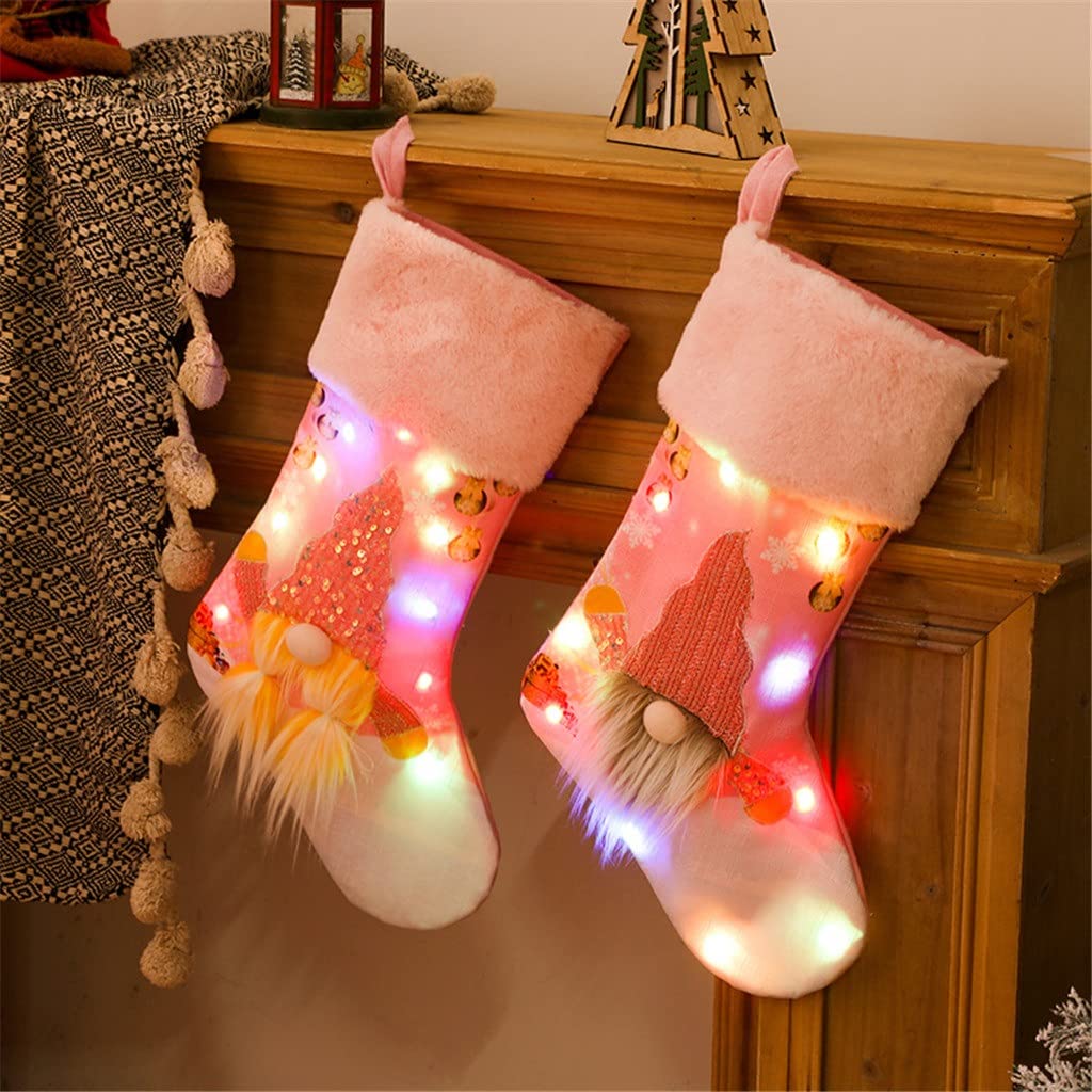 2PCS LED Light Up Christmas Stockings - Pink Glowing Holiday Socks for Fireplace Decor (29x47.5cm) | Festive Xmas Home Decoration, Gift Hanging & Holiday Party Decor