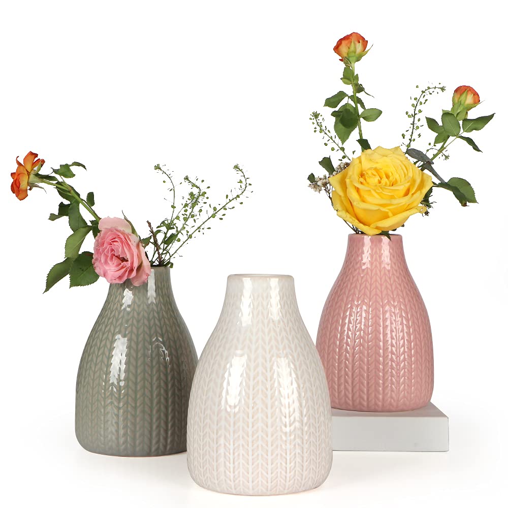 Emma's 3-Piece Ceramic Flower Vase Set - Decorative Home Vases for Living Room, Office, Wedding & Party Decor (White, Light Green, Pink) - 3.7