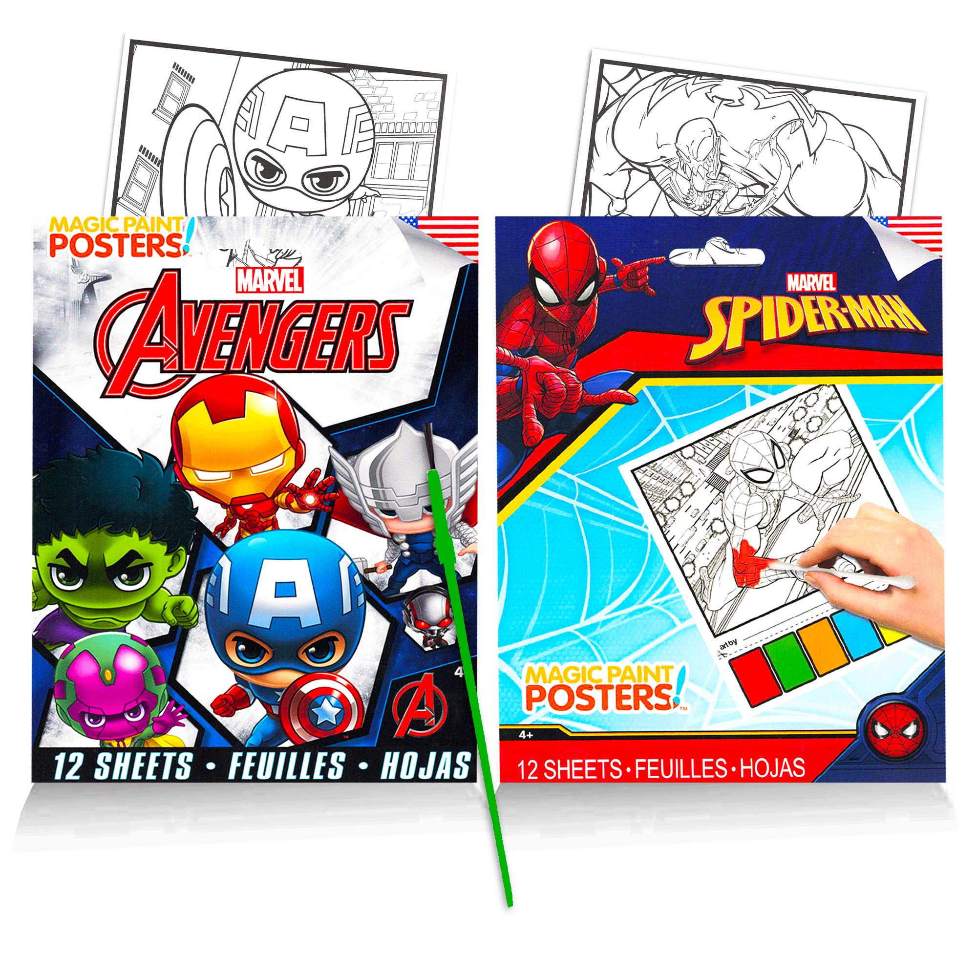 Marvel Spiderman Avengers Water Painting Book Set - 2 Activity Books & 1 Green-Tip Paint Brush for Kids | Fun Creative Learning & Superhero Art Projects | Perfect Gift for Birthday, Party Favors & Rainy Day Activities