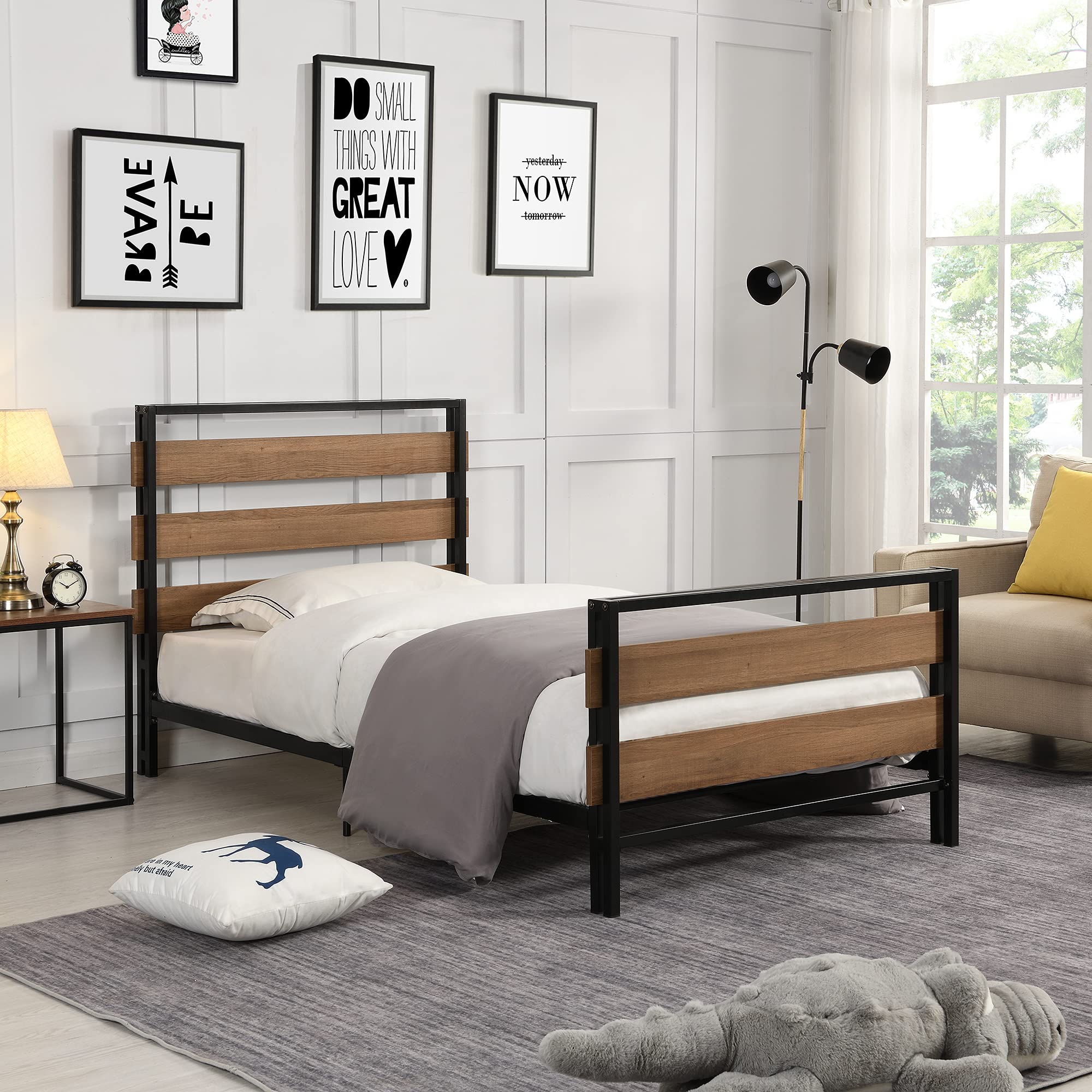 HUAYICUN Twin Size Metal Platform Bed Frame with Wooden Headboard & Footboard - Heavy Duty Steel Slat Support - No Box Spring Required - Perfect for Small Bedrooms, Guest Rooms & Dormitories