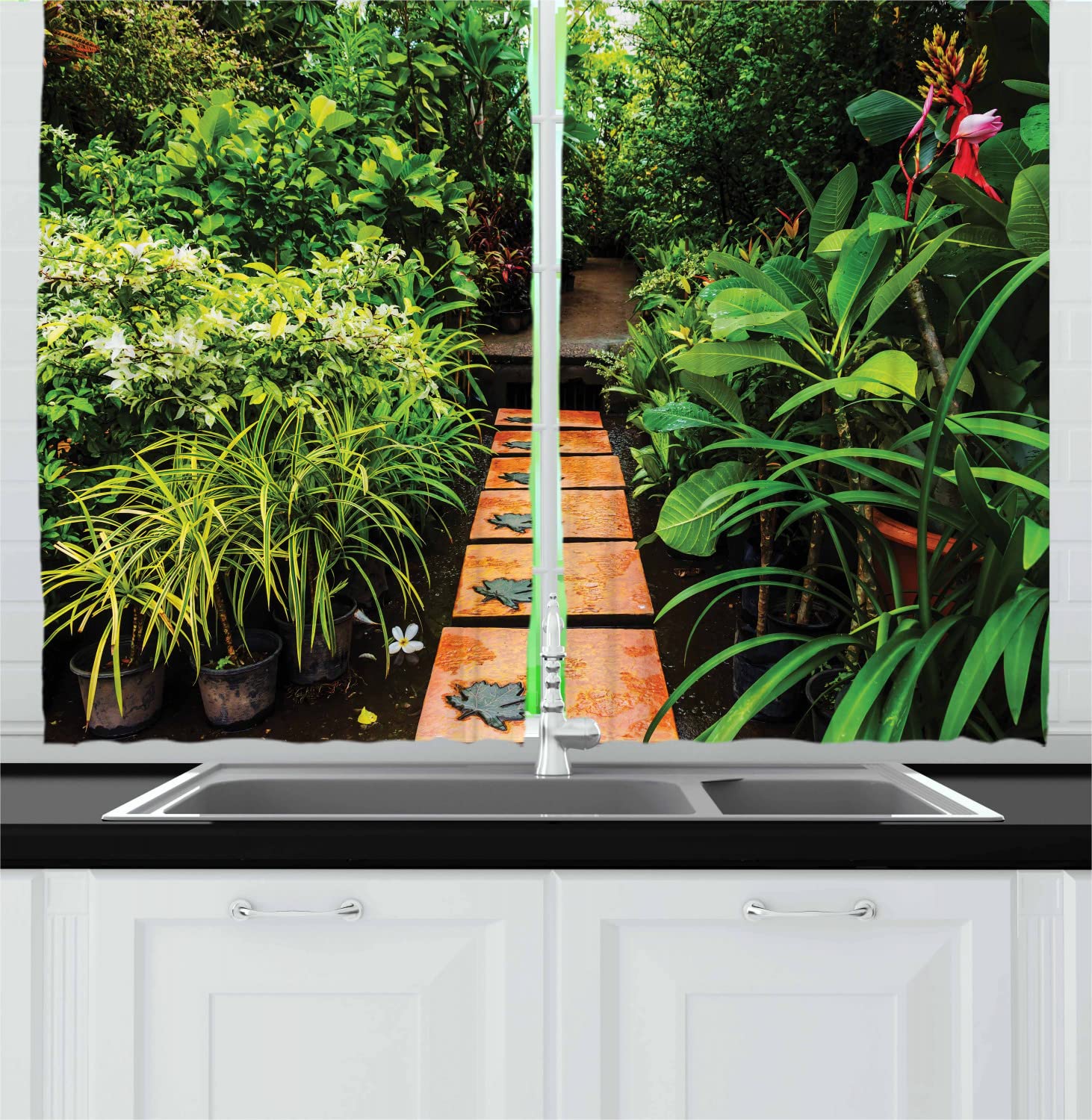 Ambesonne Peace Garden Long Kitchen Curtains - Tropical Plants & Wooden Path Design, Tranquil Harmony Theme, 2 Panel Rod Pocket Drapes, 55x45 Inches, Green Pale Brown - Perfect for Living Room, Bedroom, and Kitchen Window Decor
