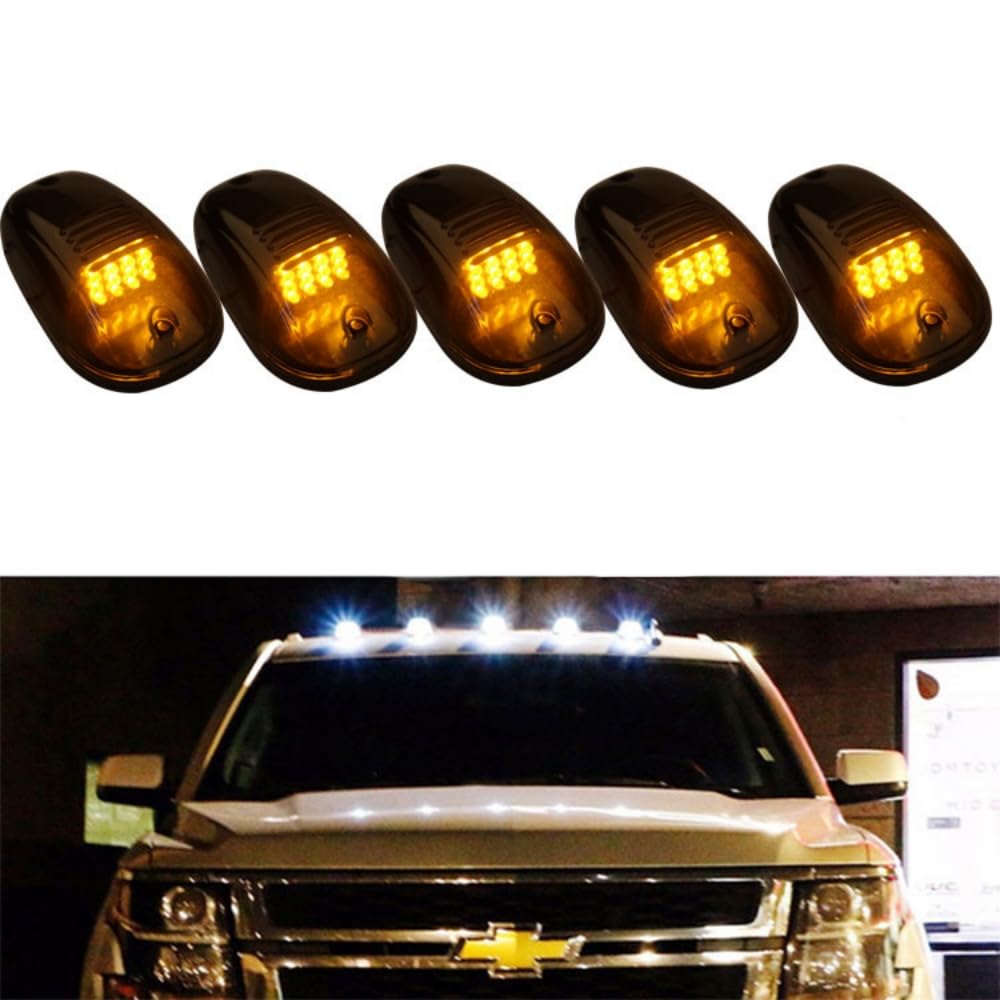 Solar Truck Cab Lights - No Drill, Wireless, Solar-Powered LED Roof Markers (5pcs, Yellow) for Night Driving