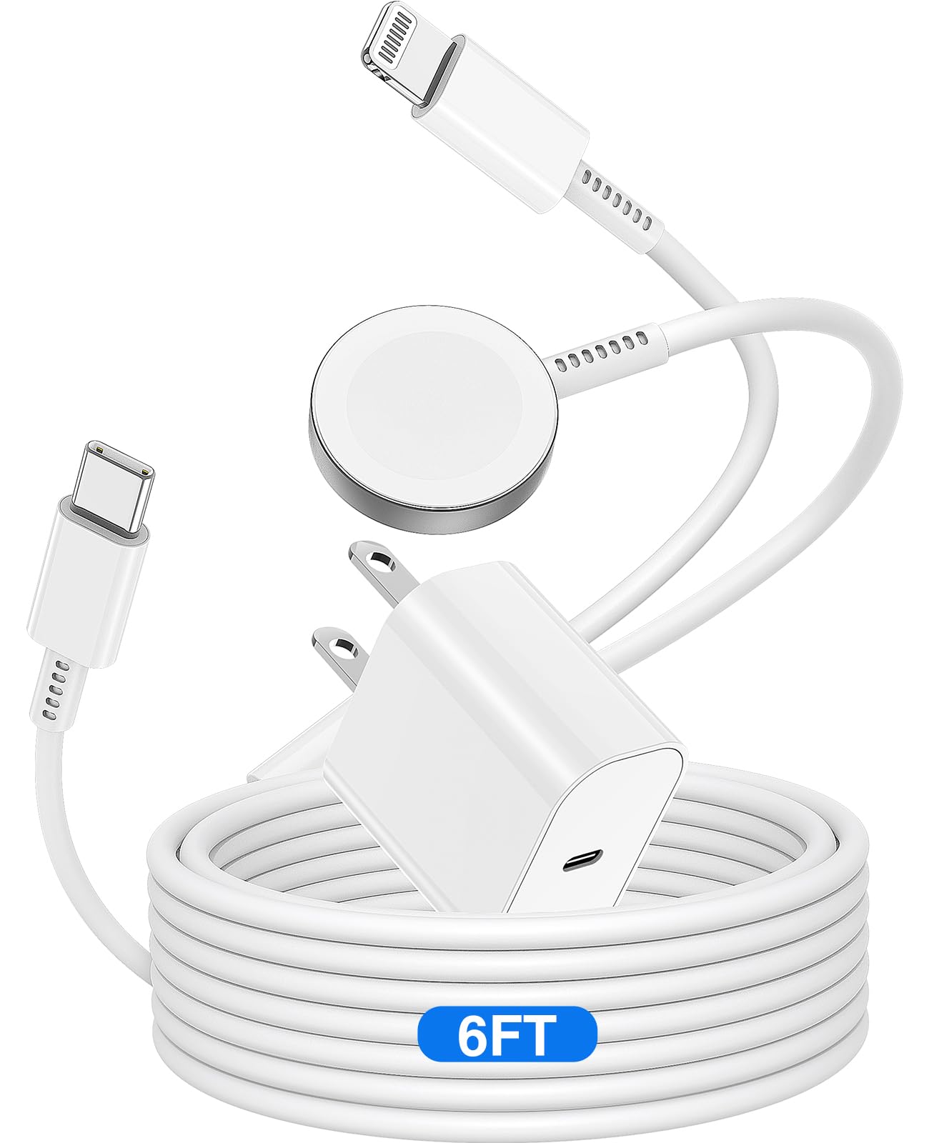 MFi Certified Magnetic 2-in-1 Fast Charging Cable for Apple Watch & iPhone - 6ft USB-C Charger with 20W Power Adapter (Compatible with iWatch Series Ultra/9/8/7/6/5/4/3/SE & iPhone 14/13/12) - Perfect for Travel, Office & Nightstand Charging