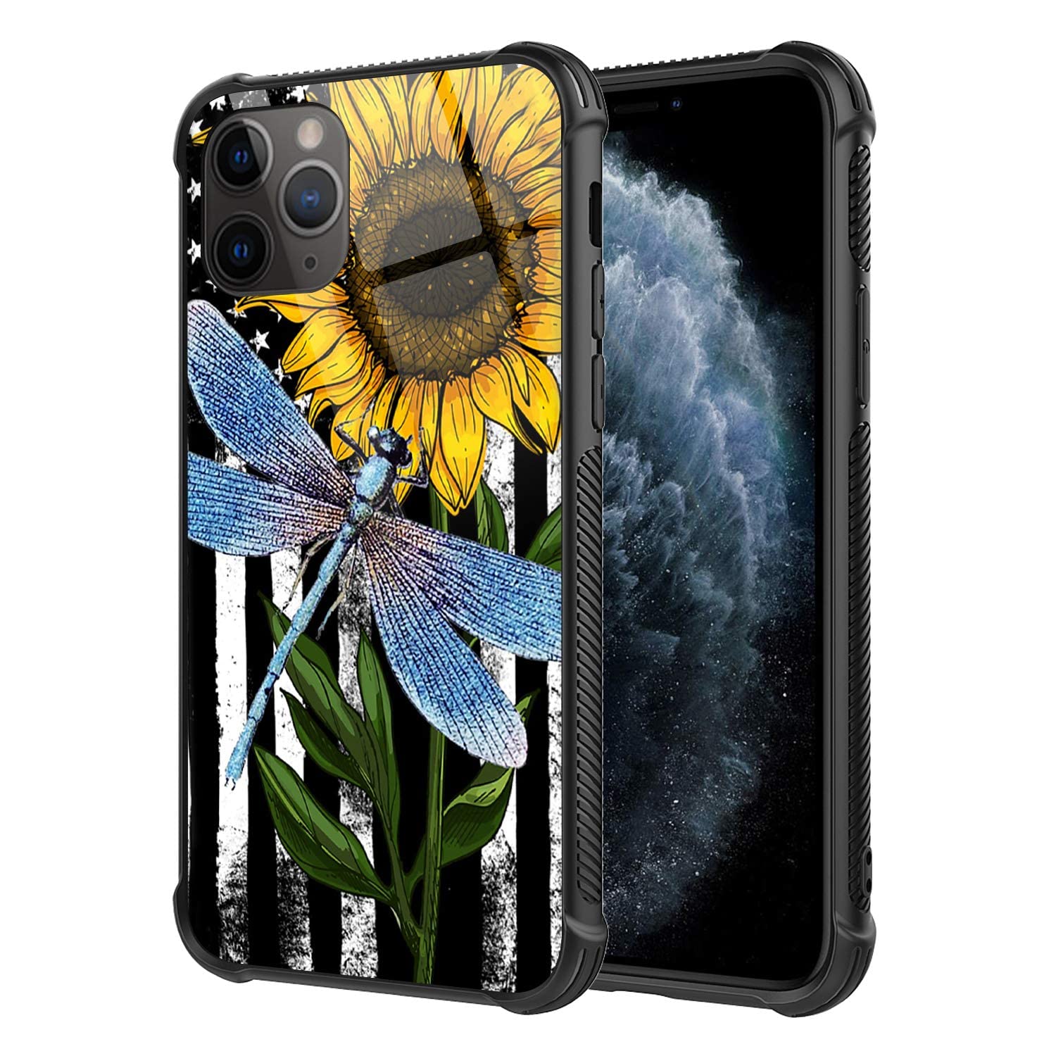 **DAHAOGUO iPhone 11 Pro Max Case with Flag Sunflower Dragonfly Design - 6.5 Inch Tempered Glass Cover [Anti-Scratch, Fashion Pattern] for Women - Perfect for Daily Use, Travel & Gift Giving**