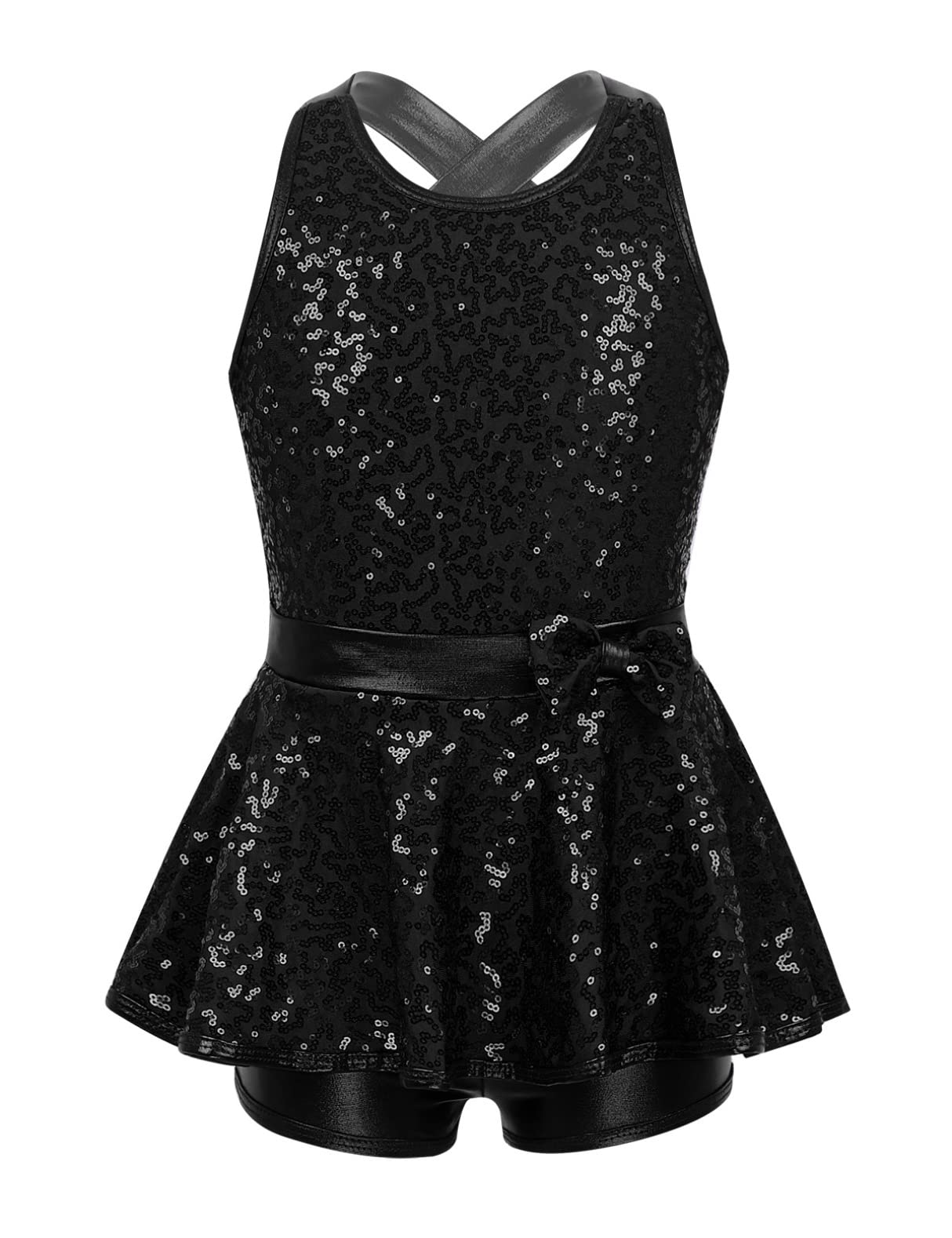 Girls' Sparkly Sequined Jazz Dance Dress with PU Leather Ruffles - Latin, Tap, Ballet Leotard for Kids - Perfect for Recitals, Competitions & Dance Classes