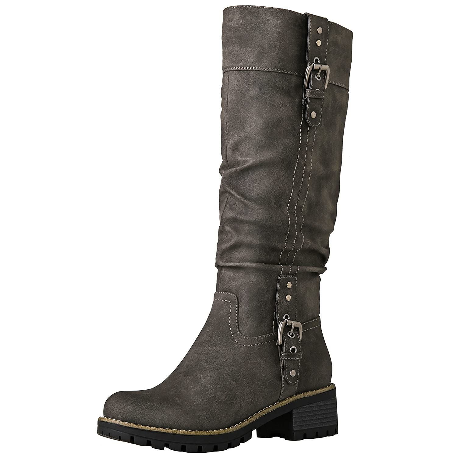 GLOBALWIN Women's Chunky Low Heel Knee High Boots with Side Straps - Stylish & Comfortable Winter Boots for Casual Outfits, Office Wear & Night Out