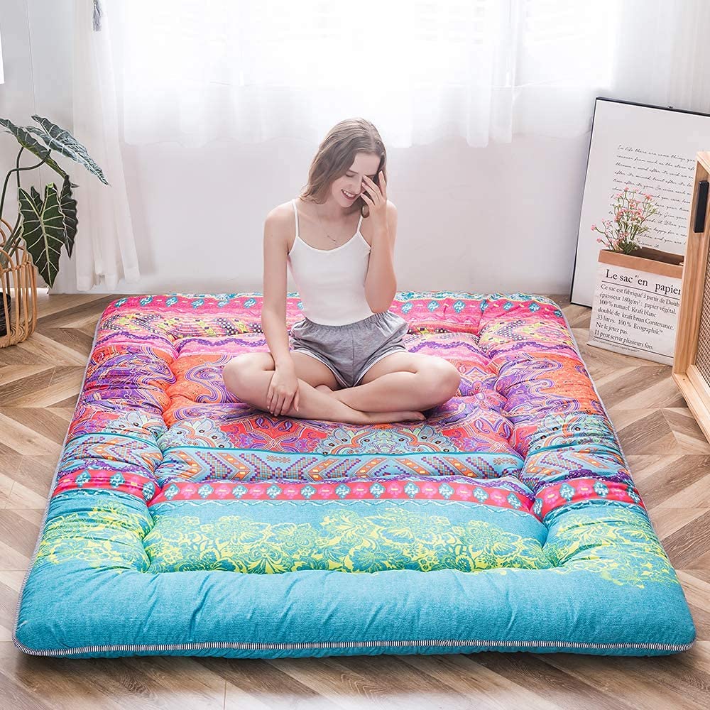 Bohemian Retro Floor Mattress - Japanese Futon Mattress with Floral Design for Bedroom, Living Room & Guest Room | Comfortable Floor Sleeping Pad for Yoga, Meditation & Camping