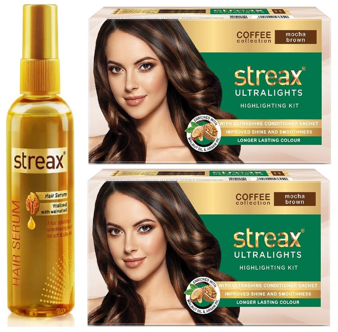 Streax Walnut Serum 200ml + Ultralights Mocha Brown Hair Color - Pack of 2 (3 Items Set) for Smooth, Shiny Hair & Natural Brown Highlights - Perfect for Home Hair Care & Styling