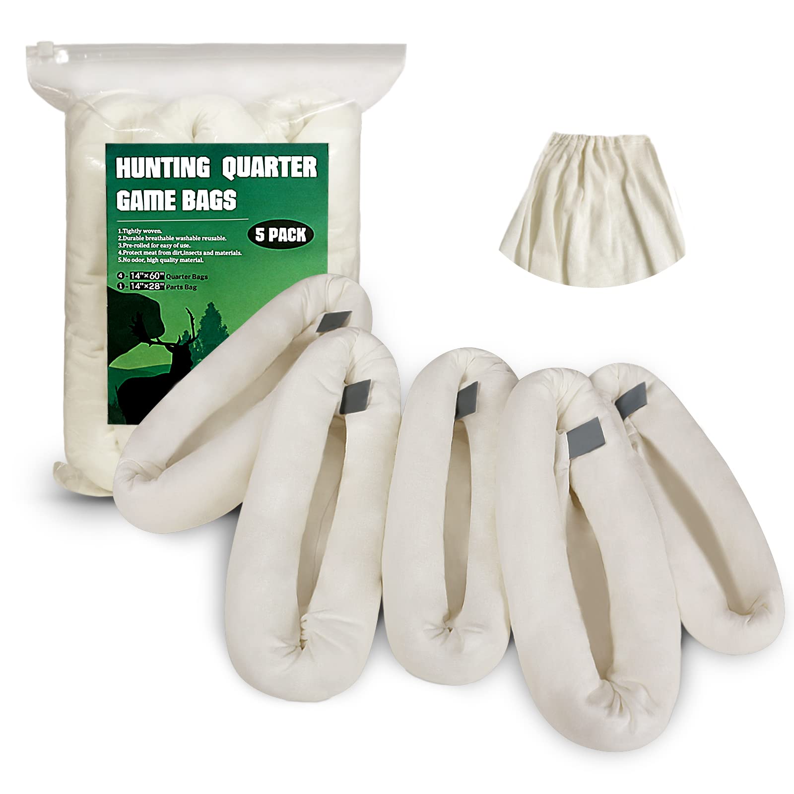 Gociean Heavy Duty Reusable Game Bags for Elk Hunting - 60 Inch 5-Pack Breathable Meat Storage Bags with Reflective Strips - Perfect for Elk, Deer, Moose & Big Game Processing - Ideal for Field Dressing, Transporting & Preserving Wild Game Meat