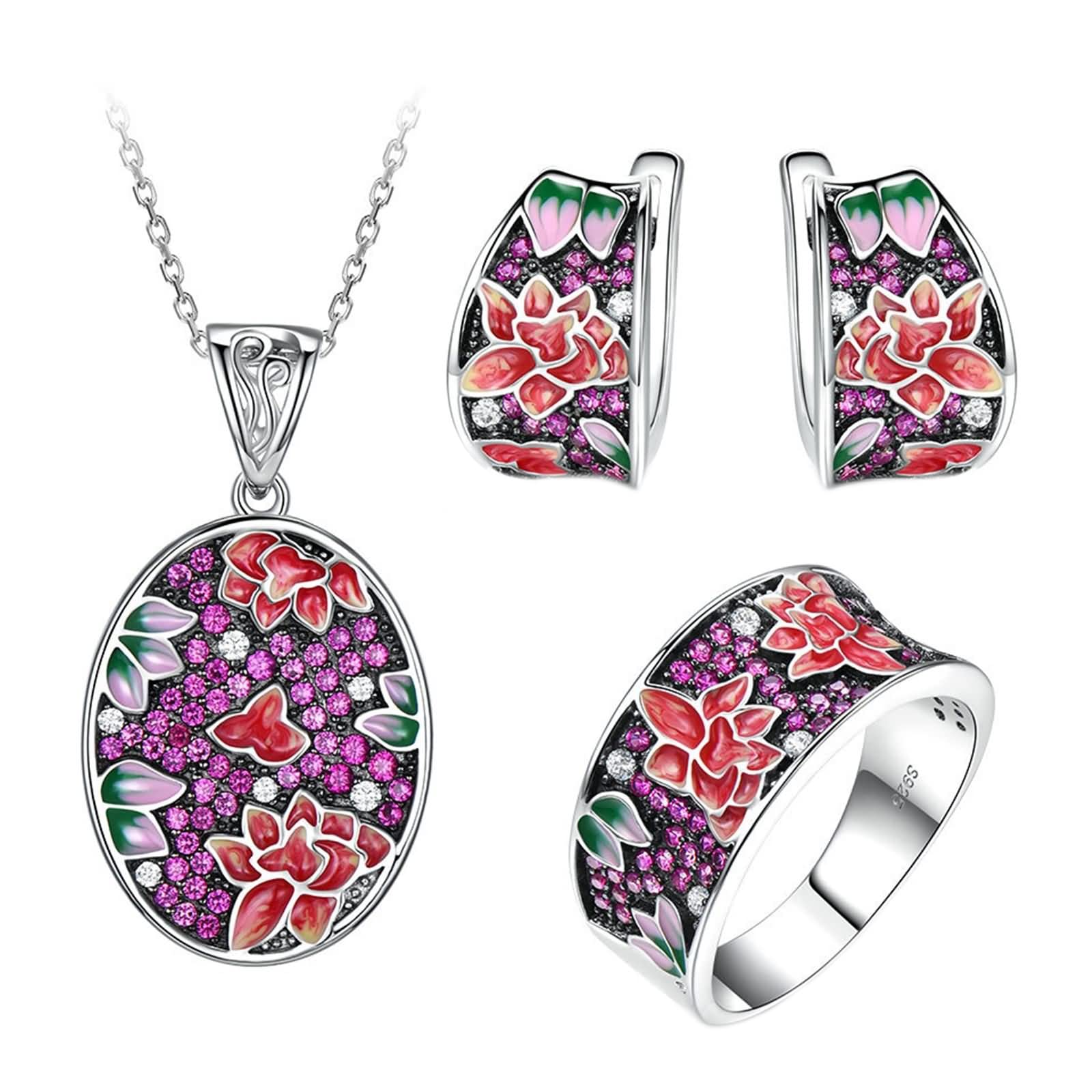 Daesar Sterling Silver Flower Enamel Cubic Zirconia Jewelry Set for Women - Necklace, Ring & Earrings in Red & Pink | Perfect for Valentine's Day, Anniversary Gifts & Special Occasions