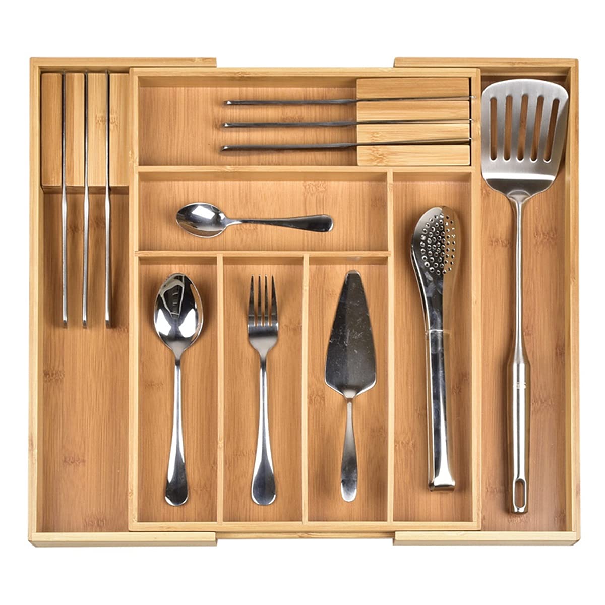 Bamboo Expandable Drawer Organizer - Adjustable Kitchen Cutlery Tray (13.2