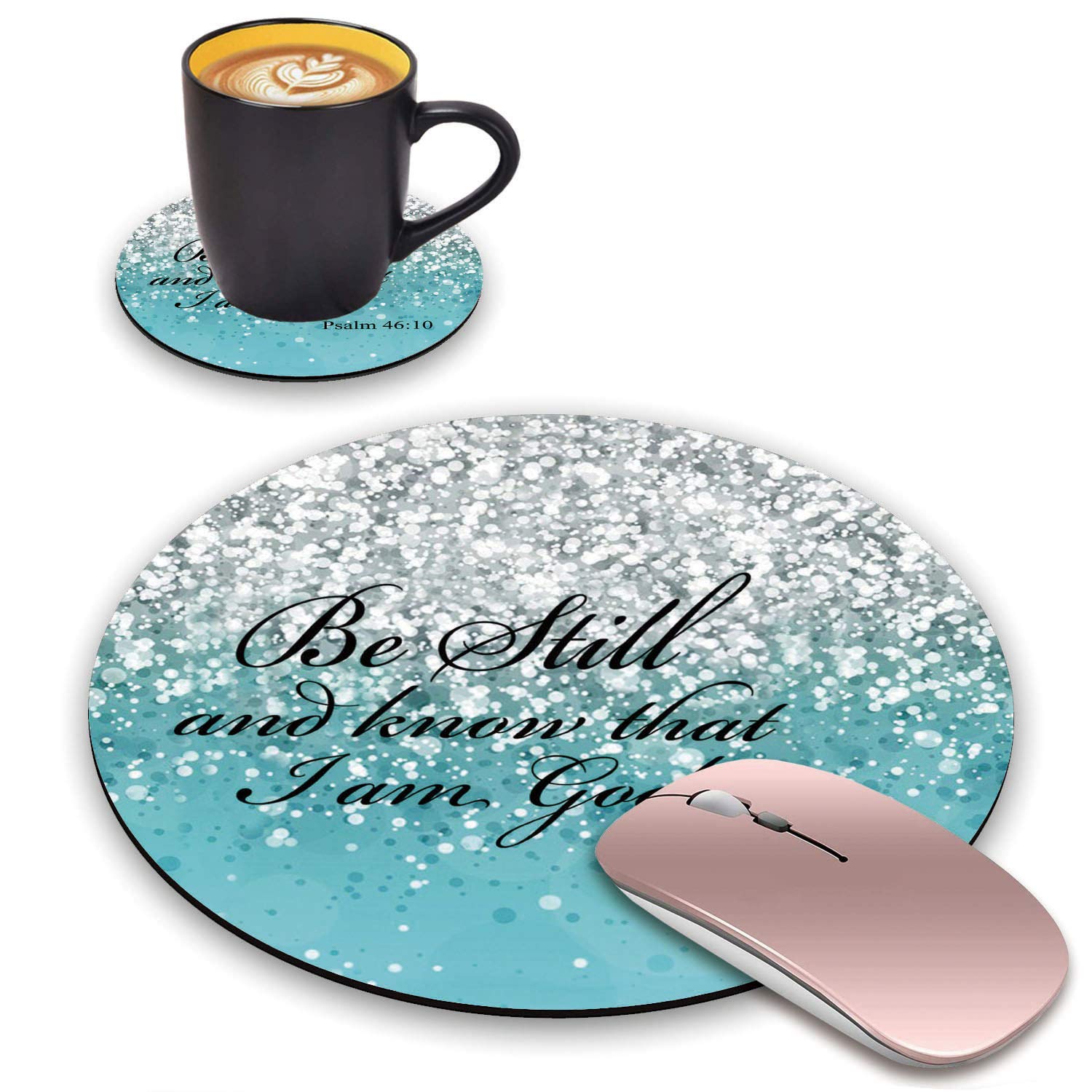 Blue Glitter Christian Bible Verses Psalm 46:10 Round Mouse Pad & Coasters Set - Non-Slip Rubber Base for Laptop & Computer - Perfect for Office, Home Desk & Bible Study Decor