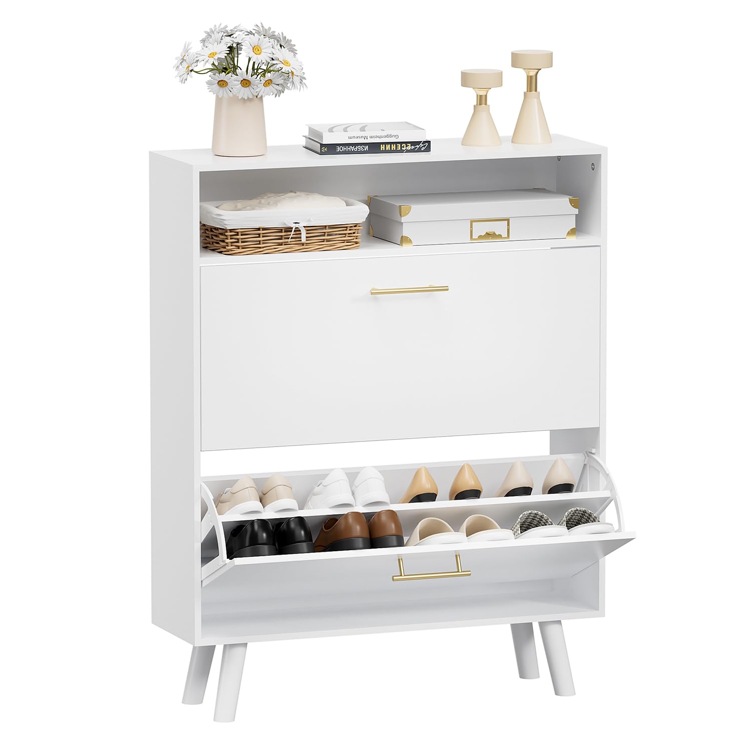 White Slim Shoe Cabinet with 2 Flip Drawers - 2 Tier Freestanding Shoe Organizer for Entryway, Hallway & Living Room - Space Saving Shoe Storage Solution for Small Apartments & Homes