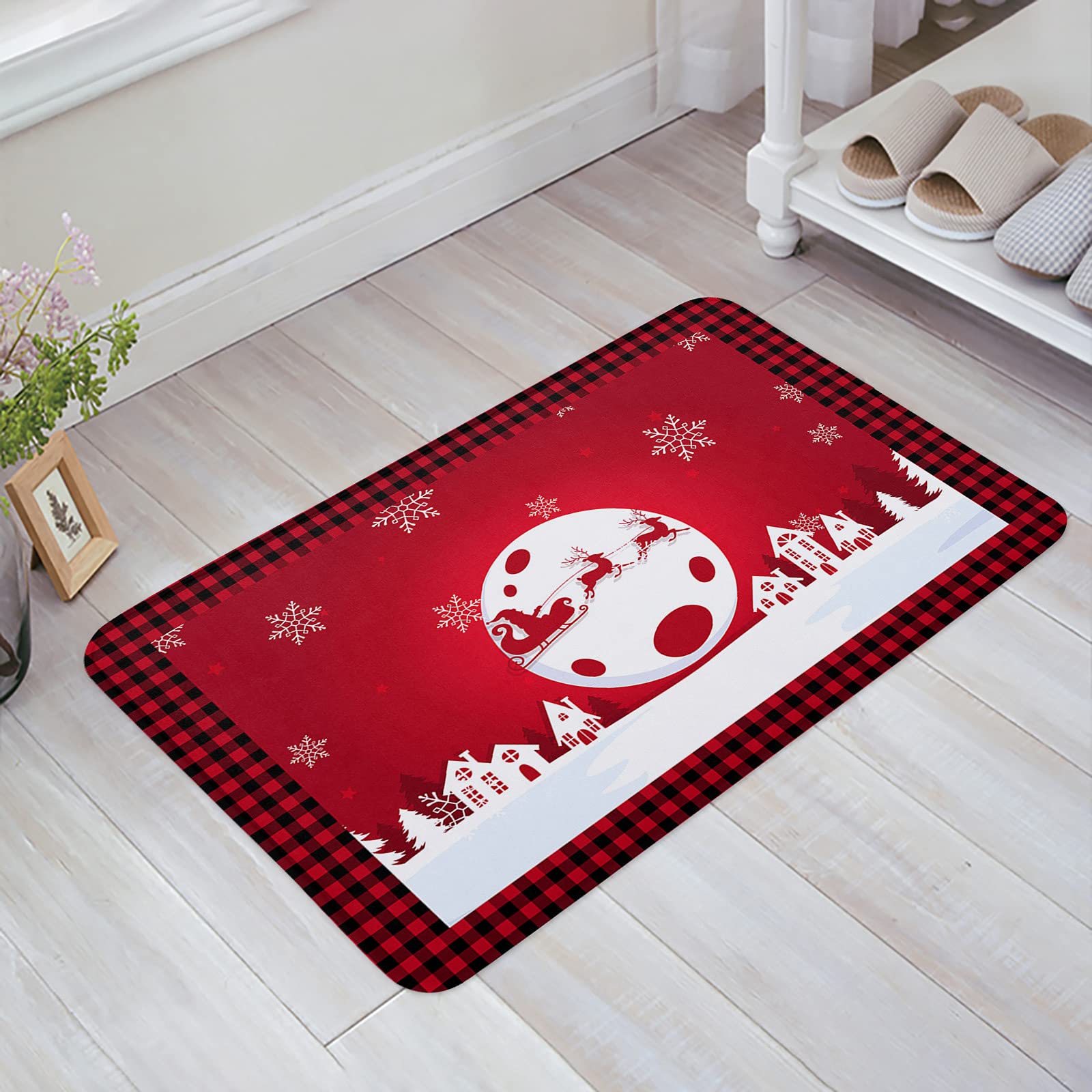 Christmas Santa Claus & Snowflakes Buffalo Plaid Doormat - Non-Slip Absorbent Entry Mat for Front Door, Bathroom, Kitchen, Bedroom - 16x24 Inch Holiday Decor & Cozy Home Floor Mat