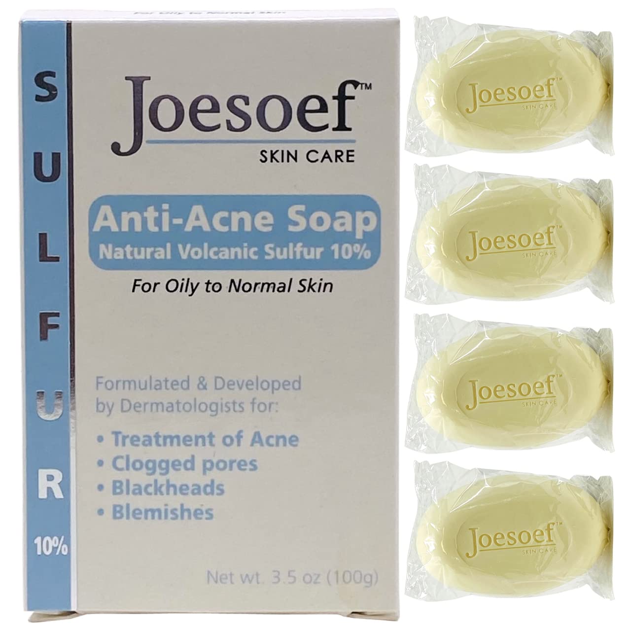 JOESOEF Sulfur Soap for Acne Treatment - 100g Facial Cleanser with Sulfur for Acne-Prone Skin (4-Pack) | Helps Clear Breakouts & Blackheads - Ideal for Daily Face Wash & Body Care