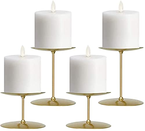 Gold Christmas Candelabra Set of 4 - Round Metal Iron Candle Holders for Pillar Candles, Table Centerpiece, Fireplace & Floor Decor - Holiday Home Decor for Dining Room, Wedding, Party