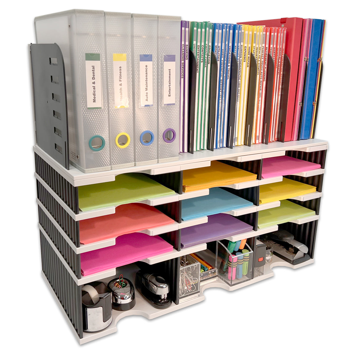 9-Letter Tray Desktop Organizer with Storage Base & Vertical File Topper - Maximize Workspace for Documents, Files, Books & Binders - Perfect for Office, Home & School Organization
