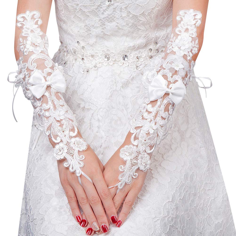 1 Pair Fingerless Bridal Gloves - Elegant Lace Floral Wedding Gloves with Bowknot for Bride, Photo Props & Wedding Decor - Perfect for Bridal Shower, Ceremony, Reception and Anniversary Celebration