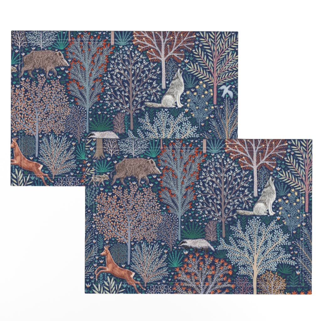 Linen Cotton Canvas Placemats Set of 2 - Blue Forest Animals Rustic Woodland Creatures Printed Table Mats for Dining Room Decor, Fall Thanksgiving Dinner Party, Kitchen Table Setting