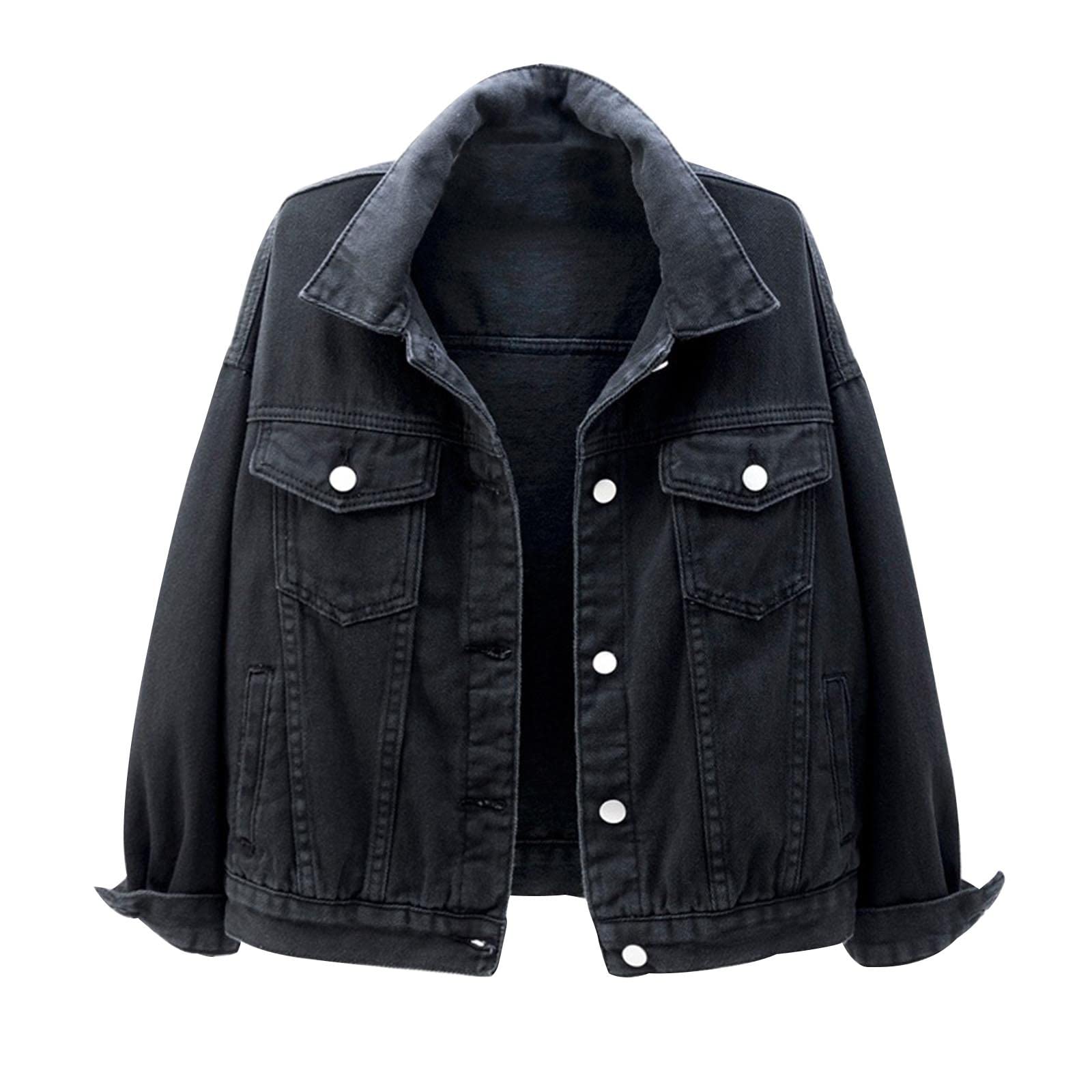 Women's Black Leather Jacket - Warm Long Sleeve Denim Coat for Spring & Autumn | Stylish Outerwear & Perfect Gift for Her | Ideal for Casual Outings, Date Nights & Office Wear