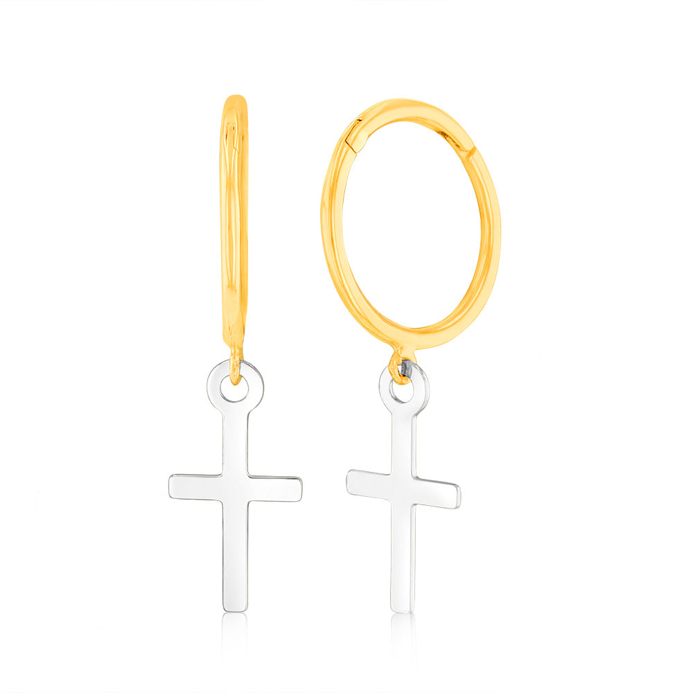 9ct Yellow and White Two-Tone Gold Cross Sleeper Earrings for Women - Hypoallergenic Comfort Fit for Everyday Wear and Gifting