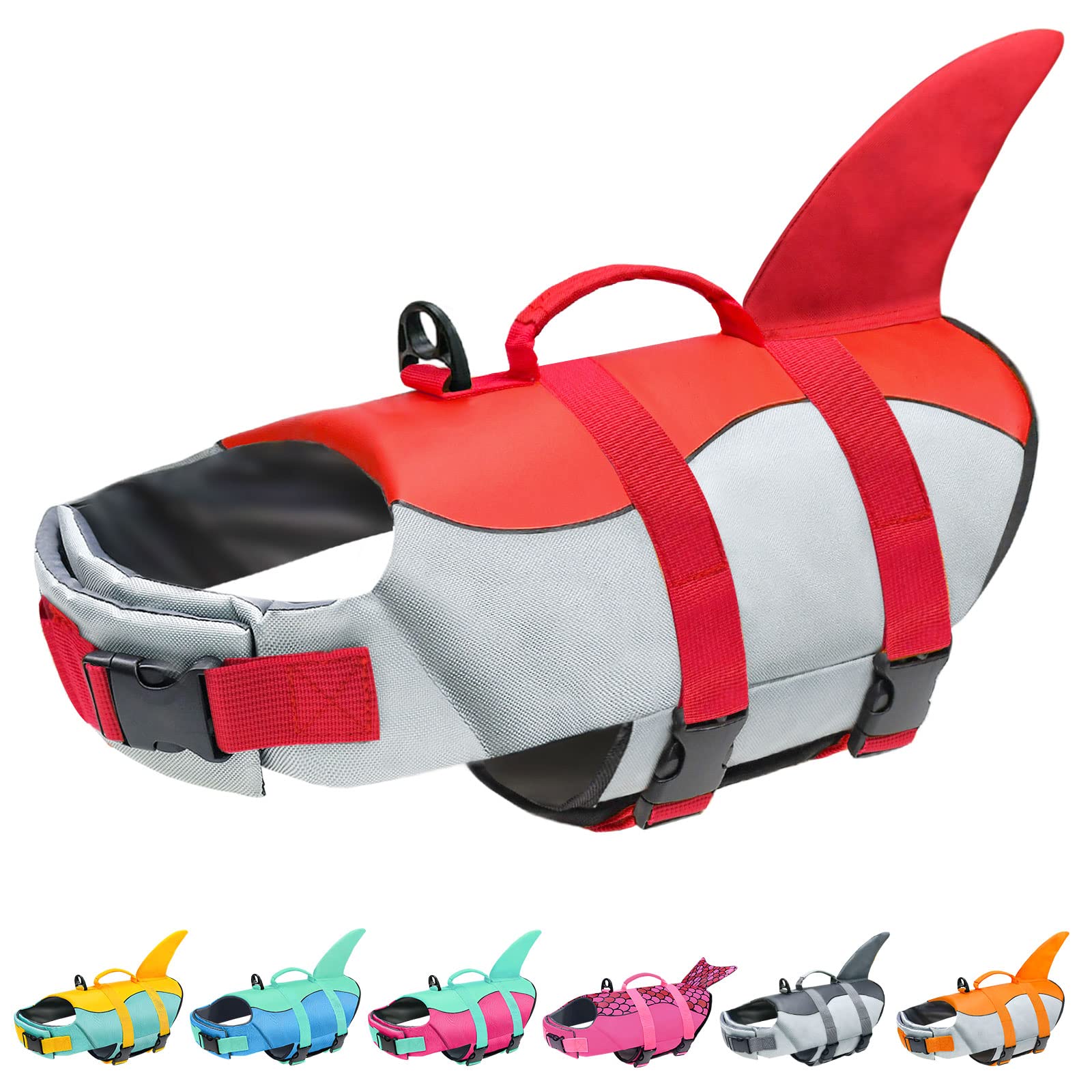 Malier Dog Life Jacket - Adjustable Ripstop Dog Life Vest with High Buoyancy & Rescue Handle for Small Medium Large Dogs - Shark Design Pet Life Preserver for Swimming, Boating, and Water Safety