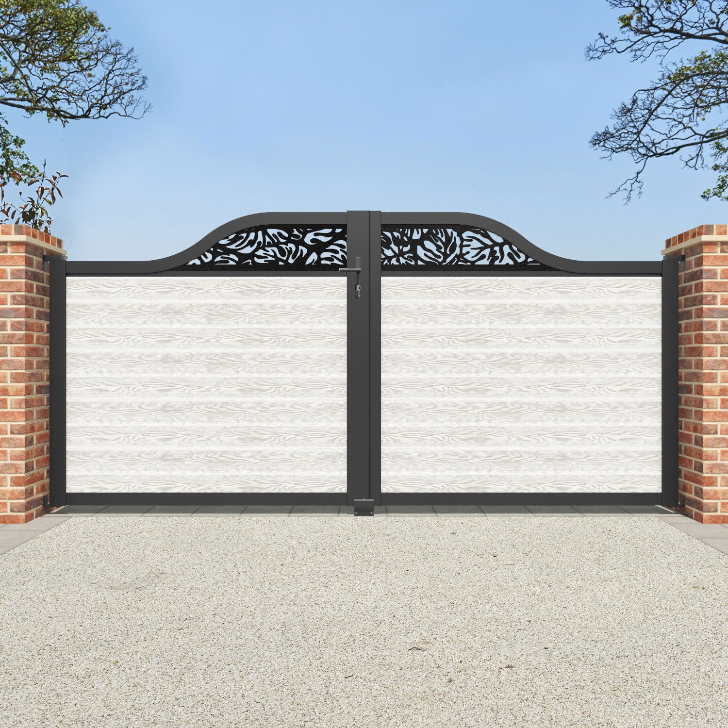 Classic Botanic Curved Top Driveway Gate - Light Stone Finish with Decorative Top Screen | Elegant Garden Entry & Property Security Solution