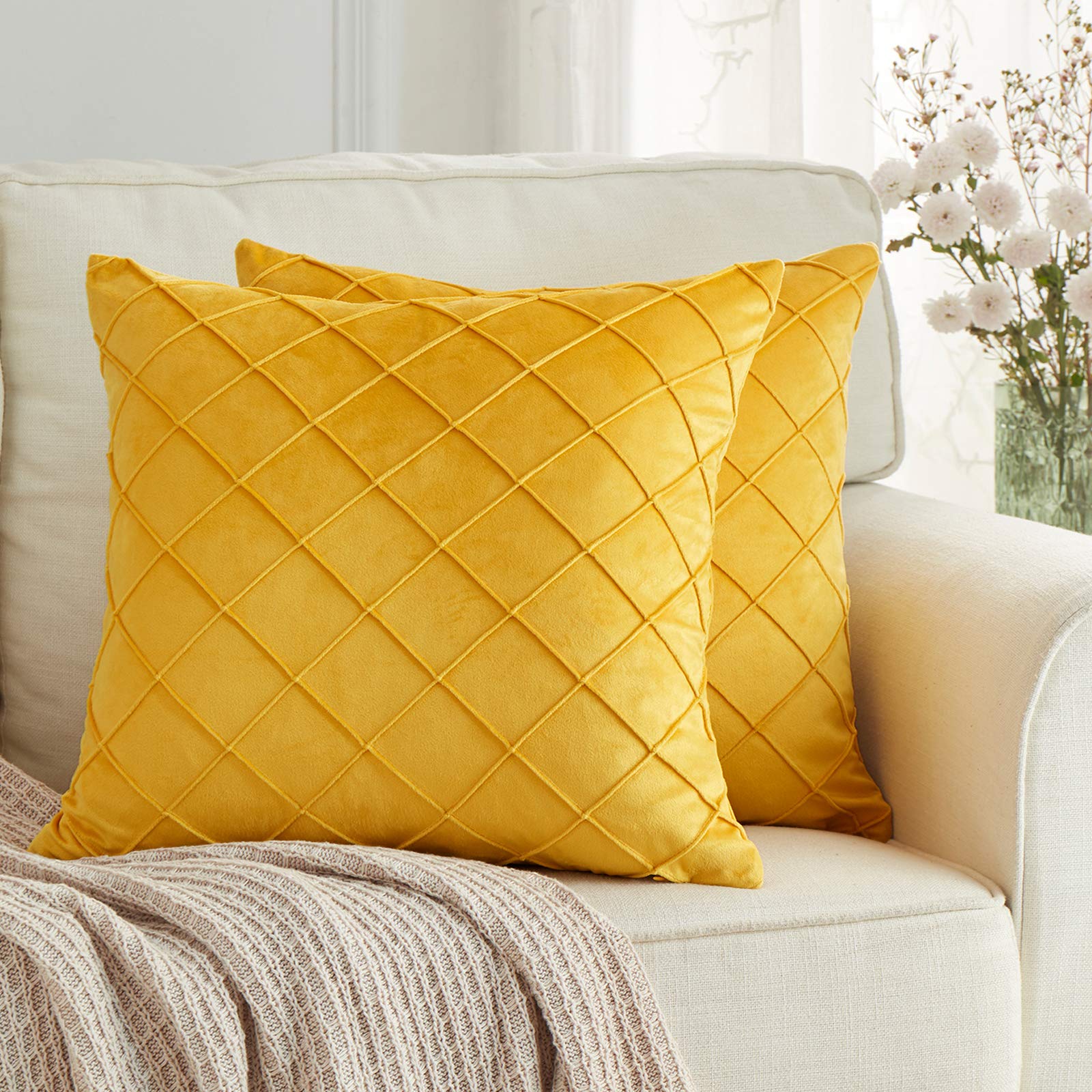 BeBen 2-Pack Velvet Throw Pillows 16x16 Inch - Soft Solid Decorative Cushion Covers for Sofa, Bed, Car & Outdoor Use - Yellow Home Decor Accent Pillows