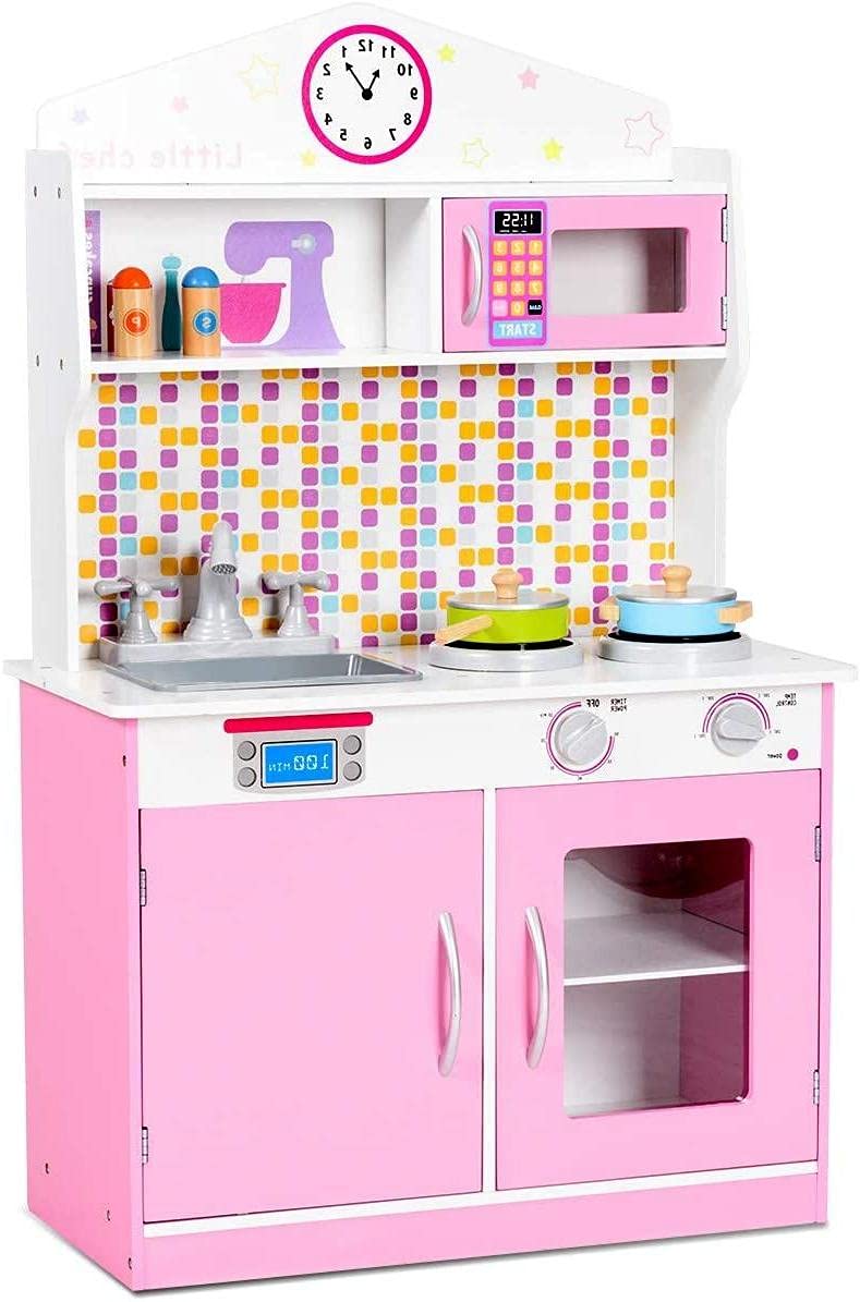 Fireflowery Wooden Kids Kitchen Playset - Pretend Play Cookware Toy Set with Removable Sink, Microwave, Wall Pegs & Display Shelf | Toddler Pretend Kitchen Toys for Girls & Boys (Pink) | Perfect for Preschool Learning, Role Play & Birthday Gifts
