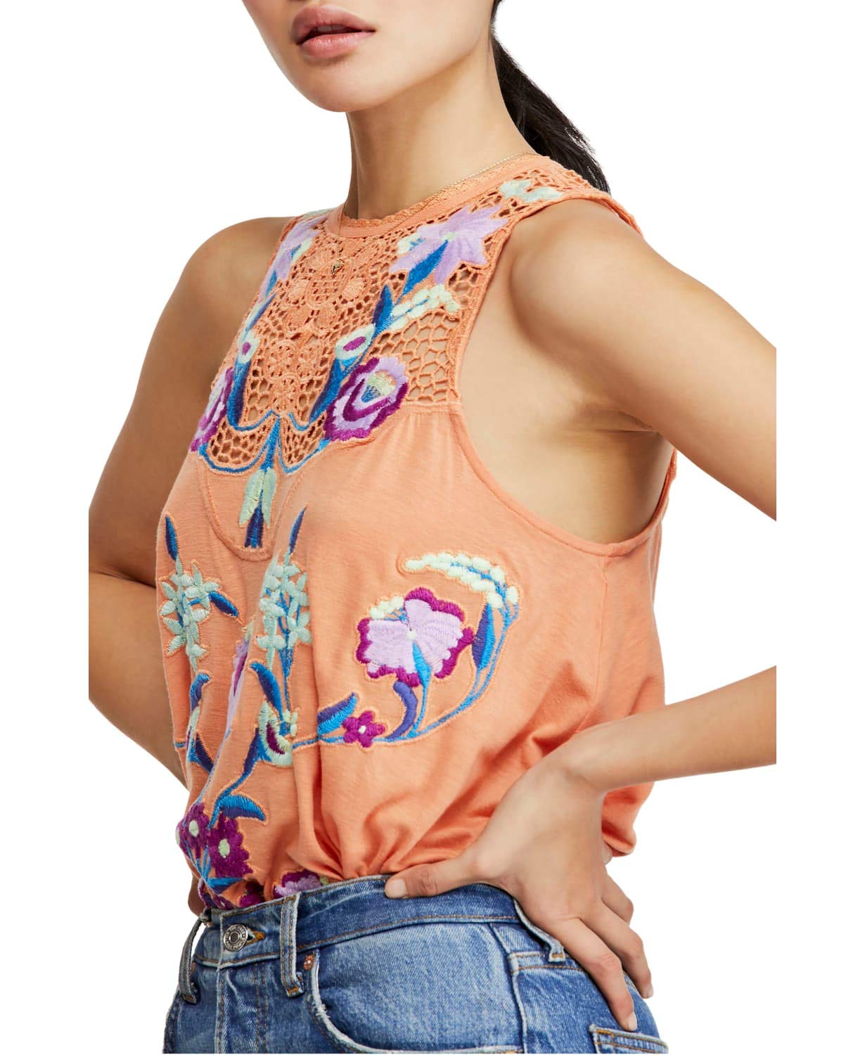 Free People Women's Floral Embroidered High Neck Tank Top - Boho Chic Summer Top for Beach, Music Festivals & Casual Outings