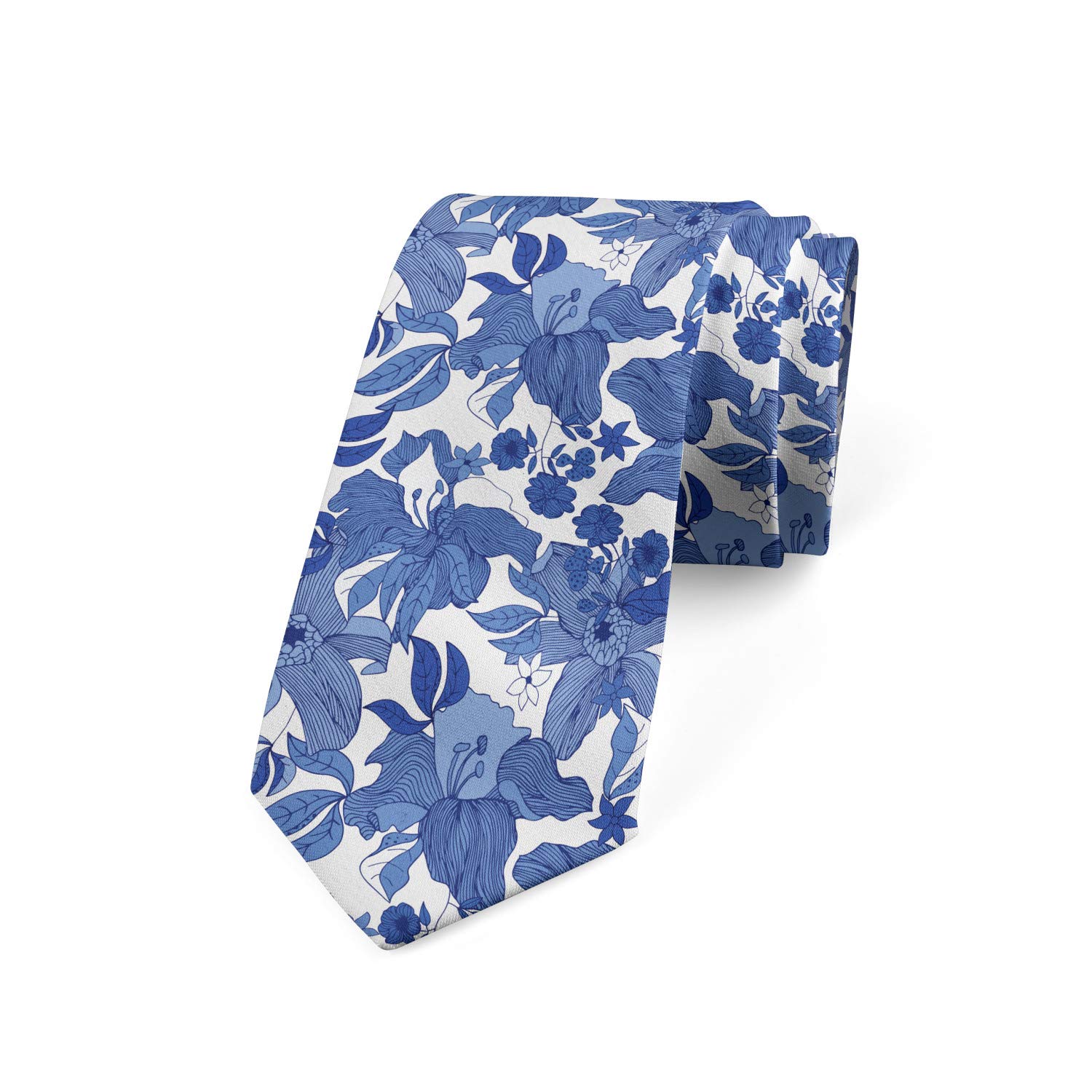 Ambesonne Floral Necktie for Men - Blue Spring Romance Themed Silk Tie with Persian & Azure Blue Flowers (3.7