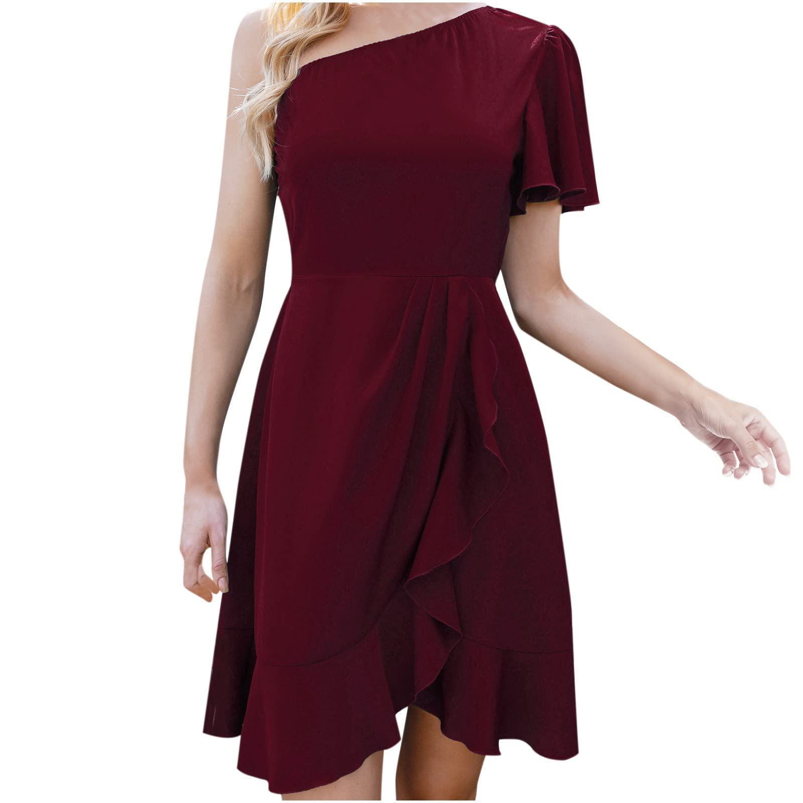 Women's Summer Sundresses 2023 - Casual One Shoulder Ruffle Maxi Dress & Short Shift Dress | Solid Color Pullover Dresses for Beach, Vacation & Outdoor Parties
