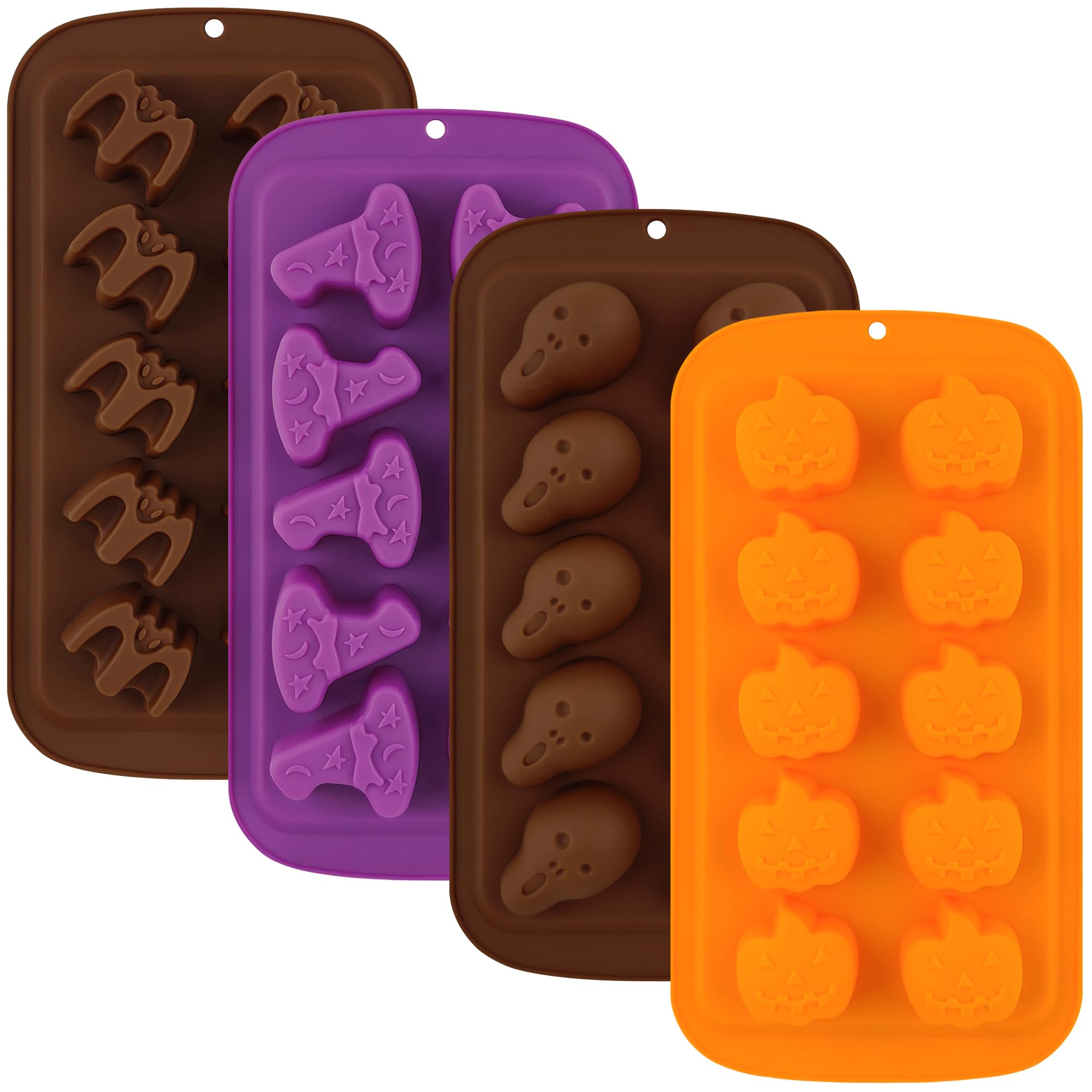 Halloween Candy Molds 4 Pcs - Silicone Chocolate Molds Set with Ghost, Pumpkin, Bat & Witch Hat Shapes - Perfect for DIY Halloween Treats, Party Favors & Home Baking Decorations