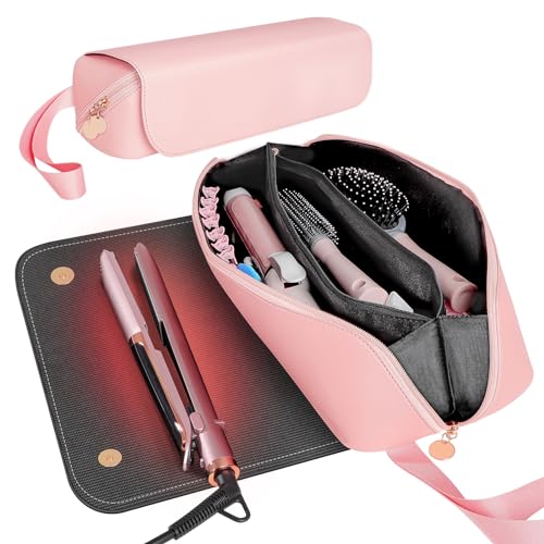 2 in 1 Heat Resistant Travel Hair Tools Bag with Flat Iron Case - Waterproof Toiletry Organizer for Curling Iron, Hair Straightener & Styling Tools (Pink) - Perfect for Women's Travel, Gym & Salon Visits
