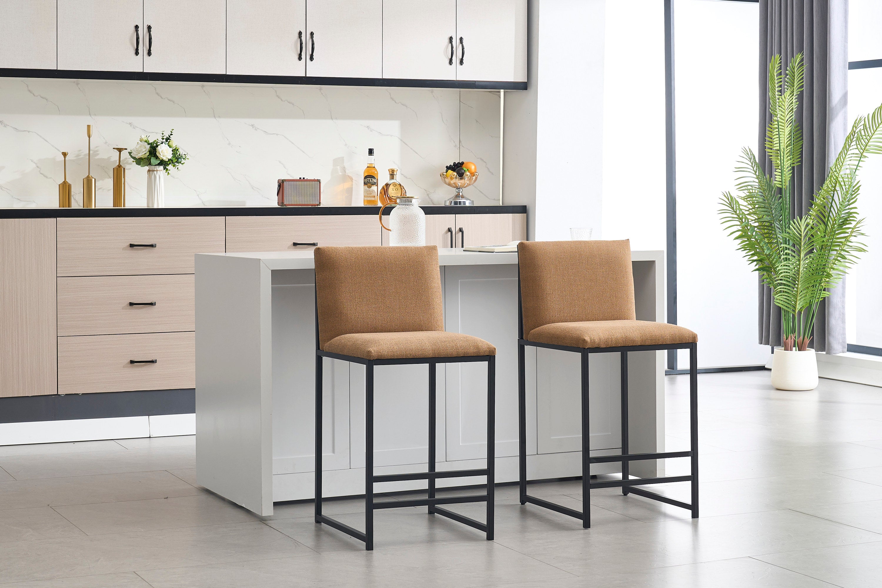 2-Pack Counter Height Bar Stools with Upholstered Linen Seats & Metal Footrest - Modern Kitchen Island Stools for Dining Room, Breakfast Nook, Coffee Shop or Home Bar (Black/Gray)