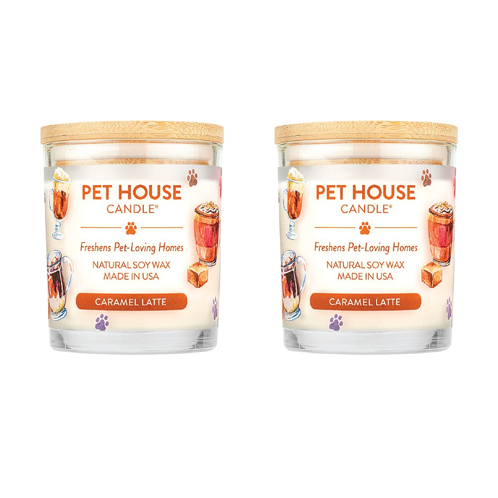 One Fur All Pet House Candle 2 Pack - Plant-Based Soy Wax, Clean Burning Scented Candles for Home & Car - Long Lasting Pet Odor Eliminator in Caramel Latte Fragrance - Perfect for Living Rooms, Bedrooms & Pet Areas
