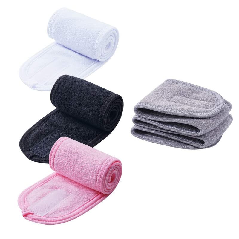 4 PCS Soft Terry Cloth Spa Headbands for Women - White, Black, Pink, Gray - Stretchable Makeup, Shower & Sports Head Wrap with Magic Tape - Perfect for Facial, Bath, Yoga & Gym