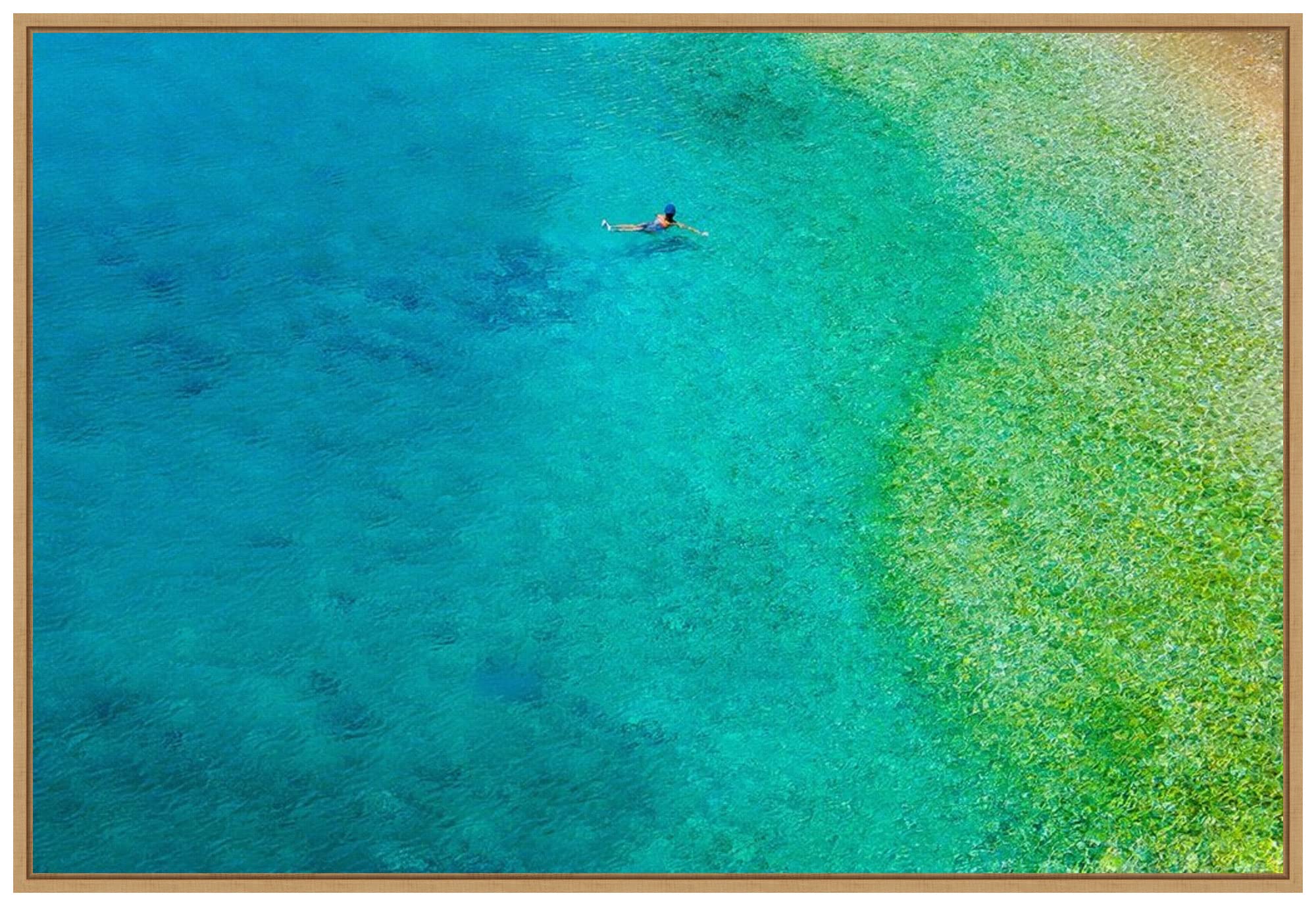 Amanti Art Framed Canvas Wall Art Print 'Solo Swim' by Verne Varona - 33x23 Inches, Sylvie Maple Frame - Large Size Modern Beach Decor for Living Room, Bedroom & Office