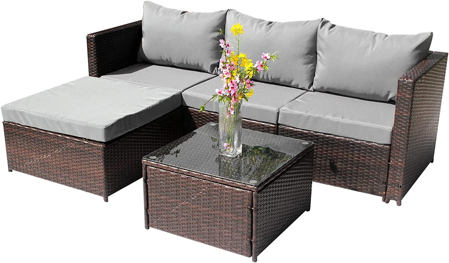 5-Piece All-Weather Wicker Patio Sectional Sofa Set with Cushions & Glass Table - Outdoor Furniture for Garden, Poolside & Backyard Relaxation