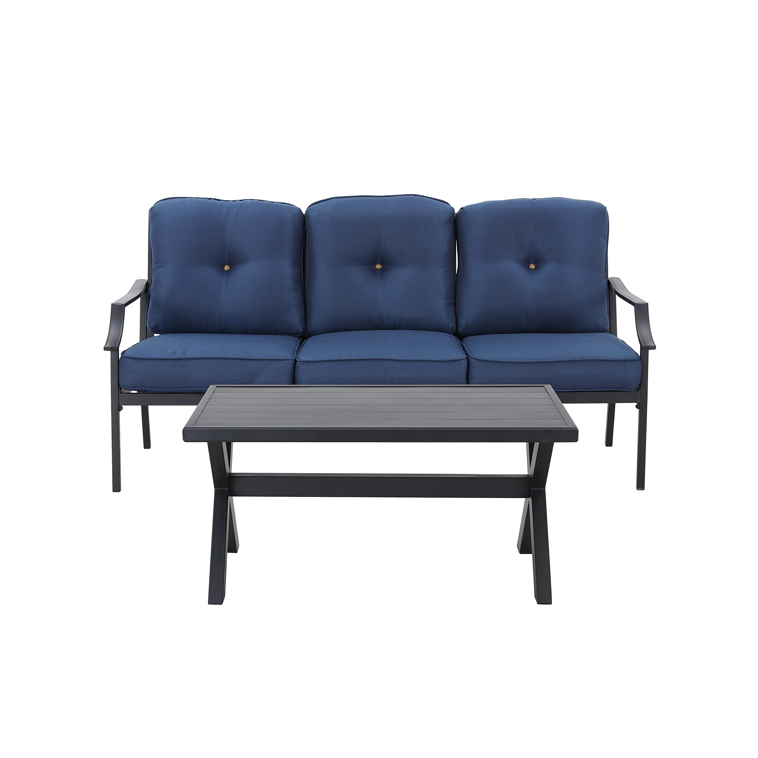 LOKATSE HOME 3-Seater Outdoor Patio Loveseat with Cushions & Metal Coffee Table - Waterproof Blue Garden Sofa Bench for Backyard, Poolside, and Deck Relaxation