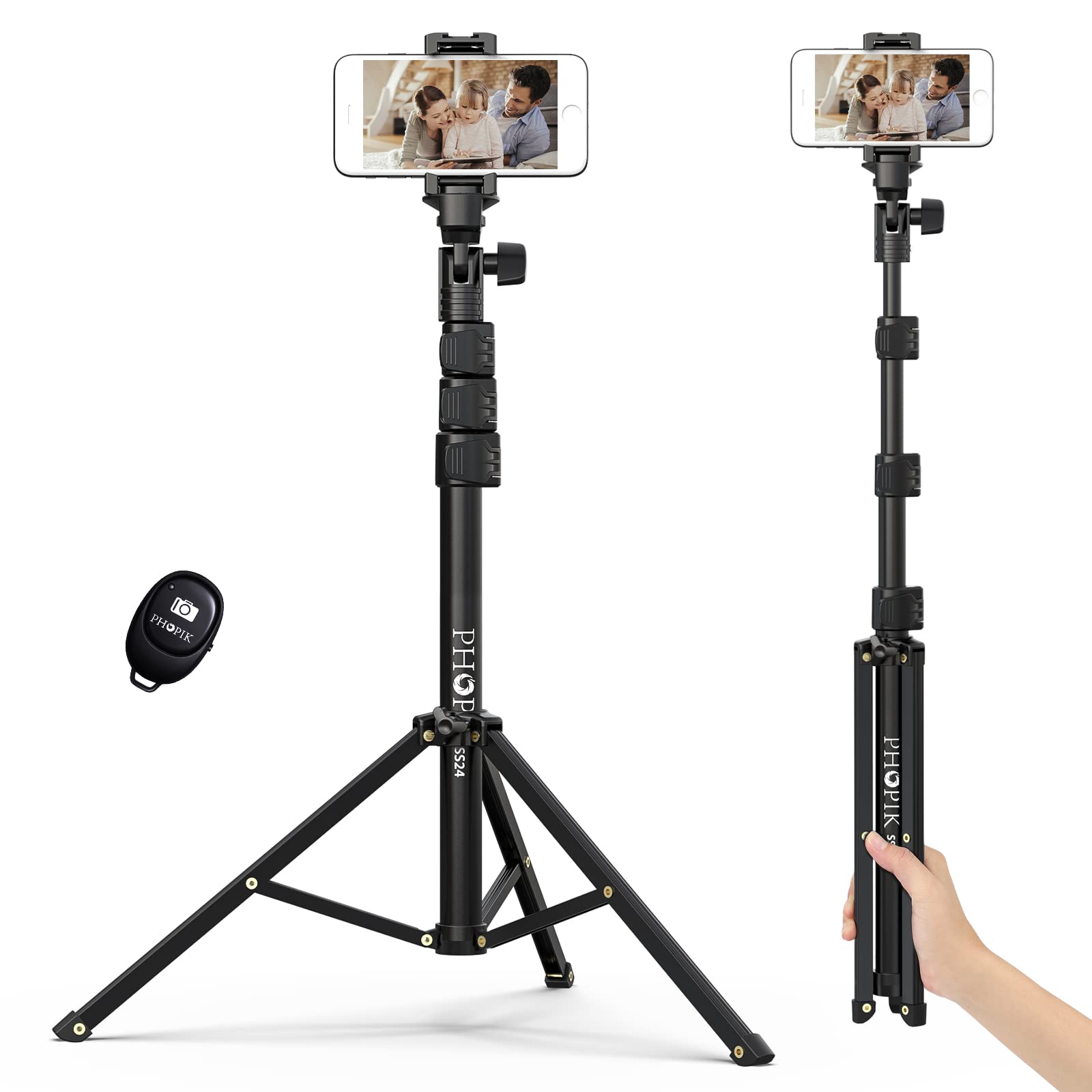 PHOPIK Extendable Phone Tripod Stand with Selfie Stick - Heavy Duty Aluminum Camera & Cell Phone Holder for iPhone, Android, Smartphones - Perfect for Vlogging, Live Streaming, Travel & Outdoor Photography