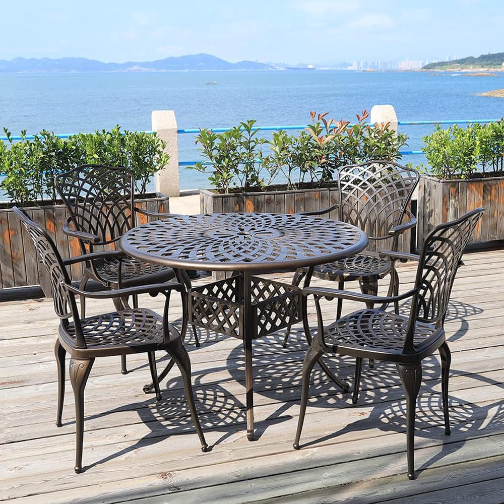 5-Piece Modern Outdoor Dining Set - 42-inch Round Cast Aluminum Patio Table & Chairs, All-Weather Resistant, Durable Garden Furniture for Backyard, Deck, Poolside (1 Table + 4 Chairs) - Perfect for Outdoor Entertaining & Relaxation