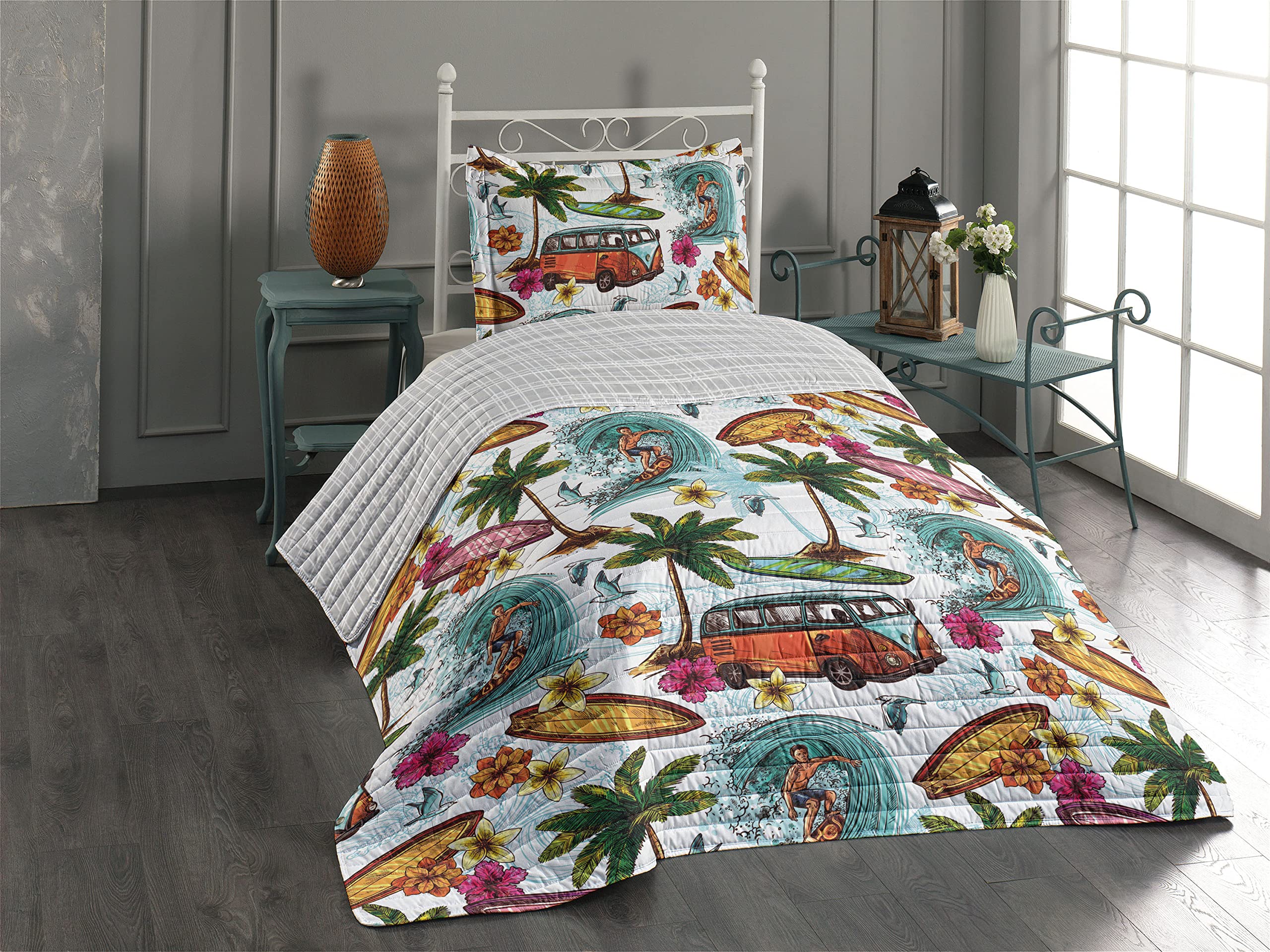 Ambesonne Ocean Reversible Bedspread Set - Hawaiian Surfer Design with Wavy Deep Sea, Retro Palm Trees, Flowers & Surf Boards - Microfiber Comforter & Pillow Shams - Twin Size in Blue Green Orange - Perfect for Beach Themed Bedrooms, Guest Rooms & Coastal Decor